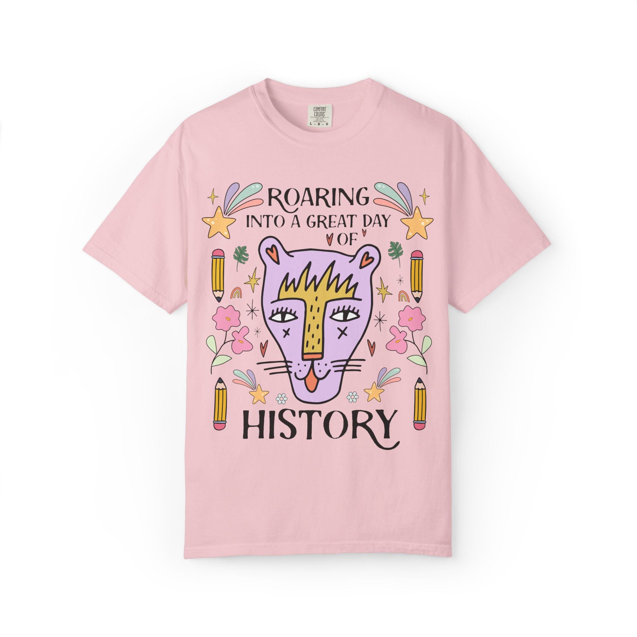 High School History Tee Shirt: Roaring Into a Great Day of Reading | Cute Eclectic Matching Teacher History Department Tee for Animal Lover