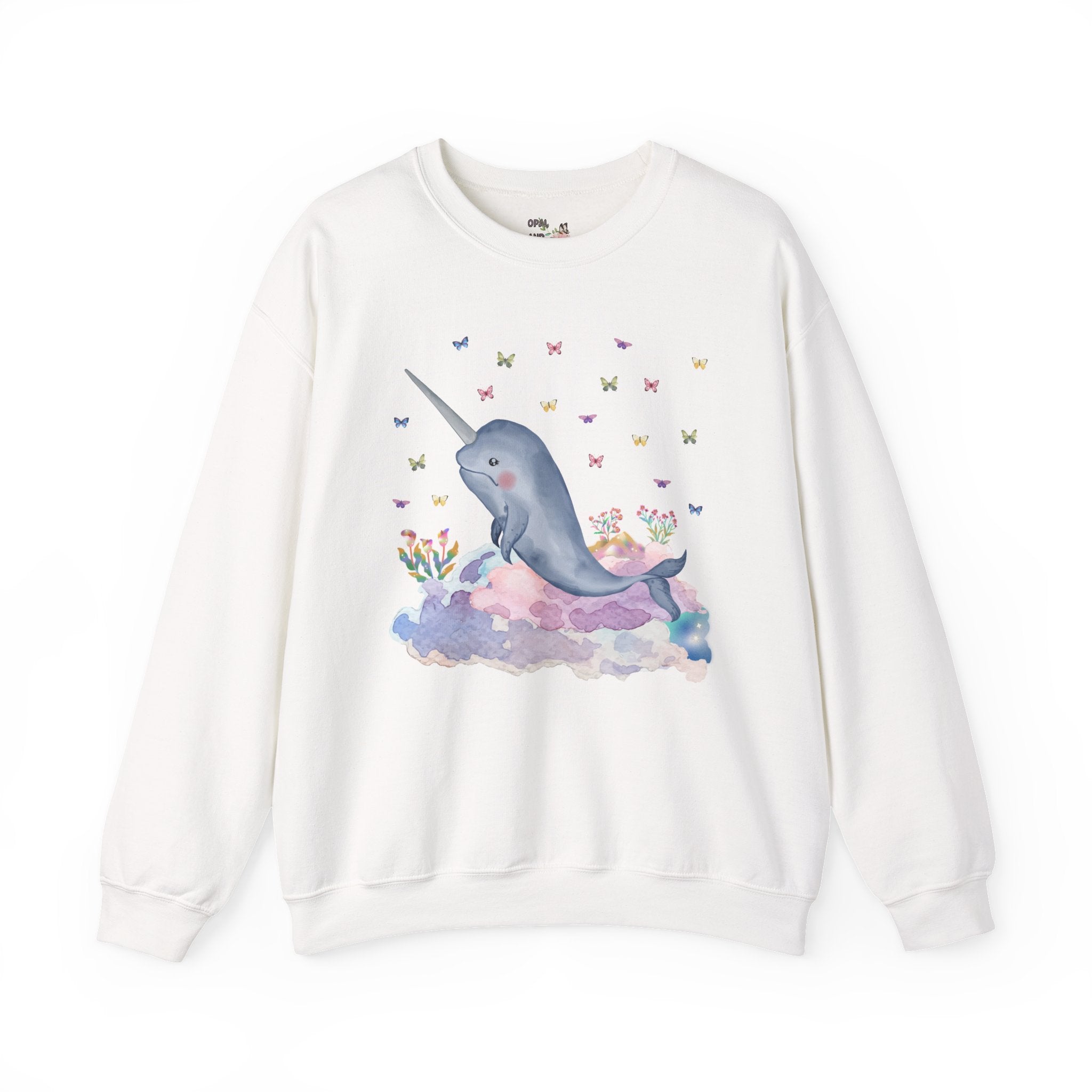 Pastel Narwhal Sweatshirt with Butterflies and Plants: Nineties Throwback Shirt | Creative Ocean Gift for Science Teacher or Biology Major