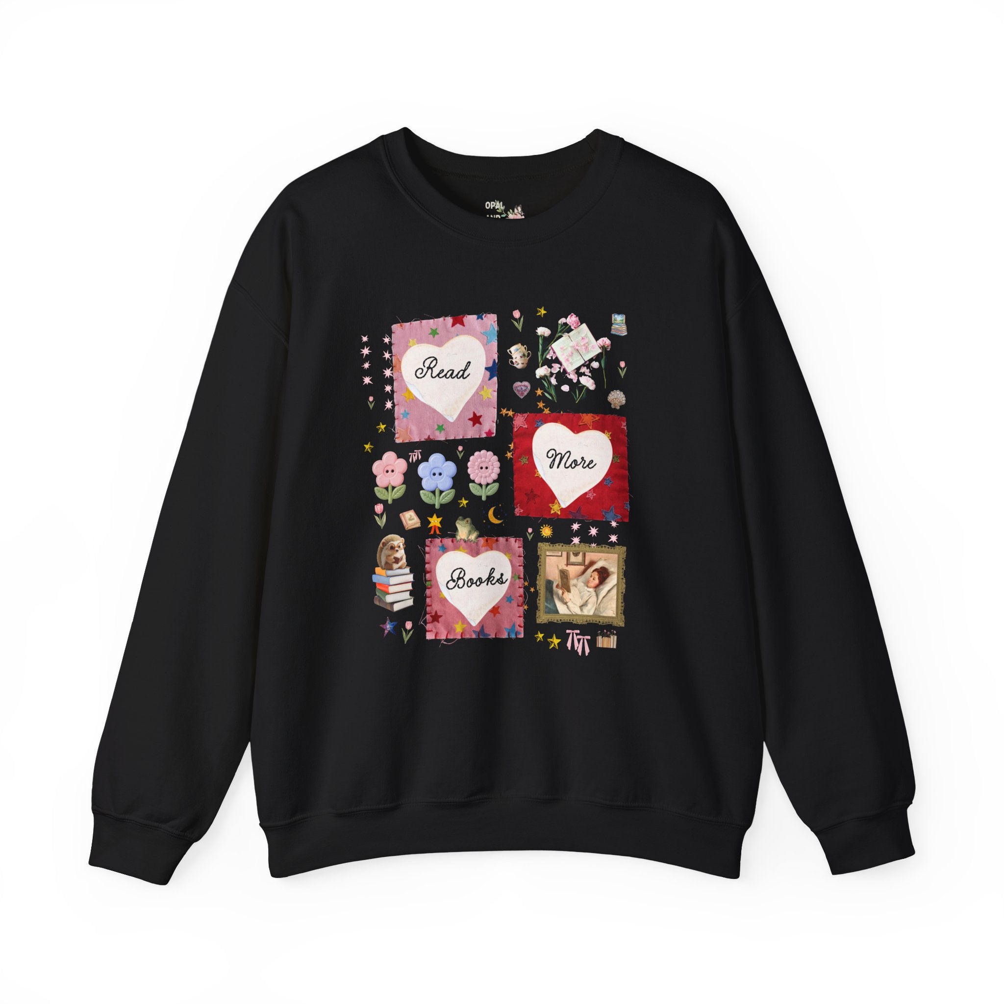 Read More Books Maximalist Collage Sweatshirt with Hearts and Flowers, Whimsy Kitschy Soft Girl Style Crewneck for Book Lover or Bookworm