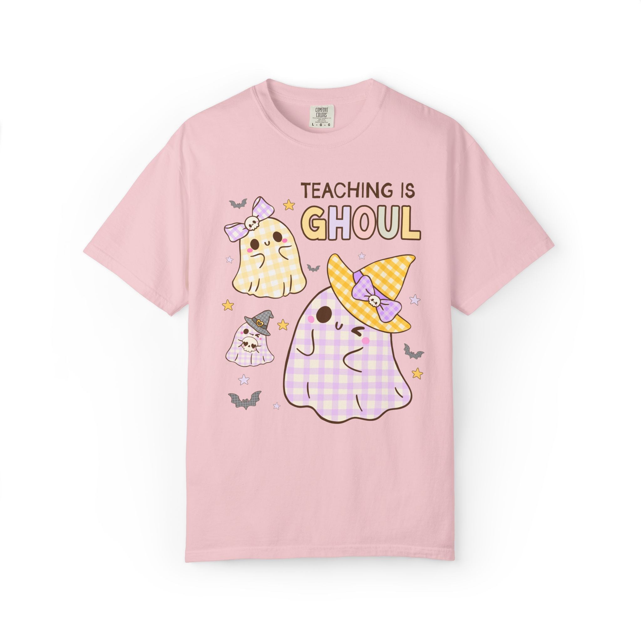 Pastel Halloween Teacher Team Tee Shirt with Cute Gingham Ghosts: Teaching is Ghoul, Spooky Season Matching Teacher T-Shirt for Fall