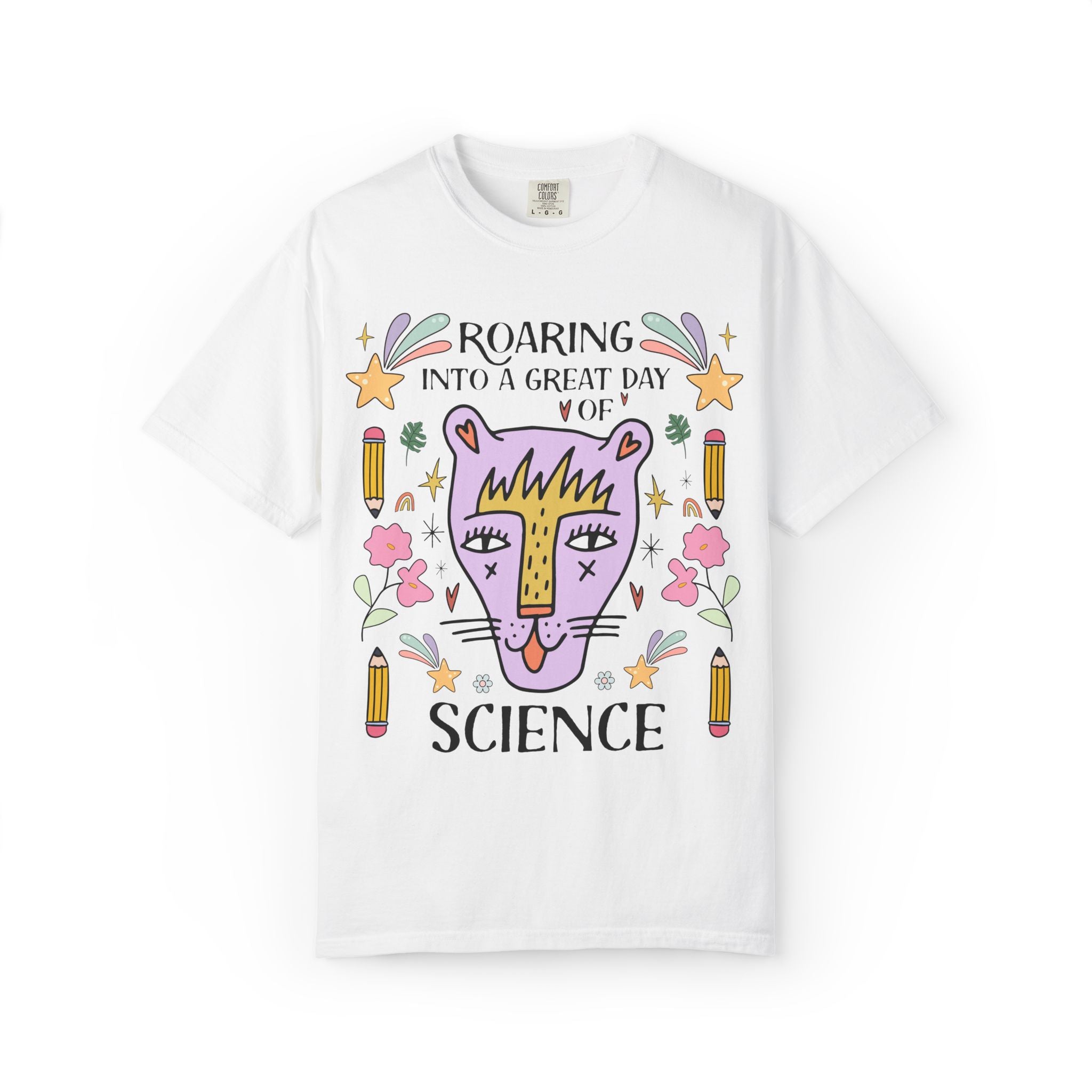 High School Science Teacher Tee: Roaring Into a Great Day of Reading | Cute Matching Teacher or School Office Staff Tee, Pencils and Flowers