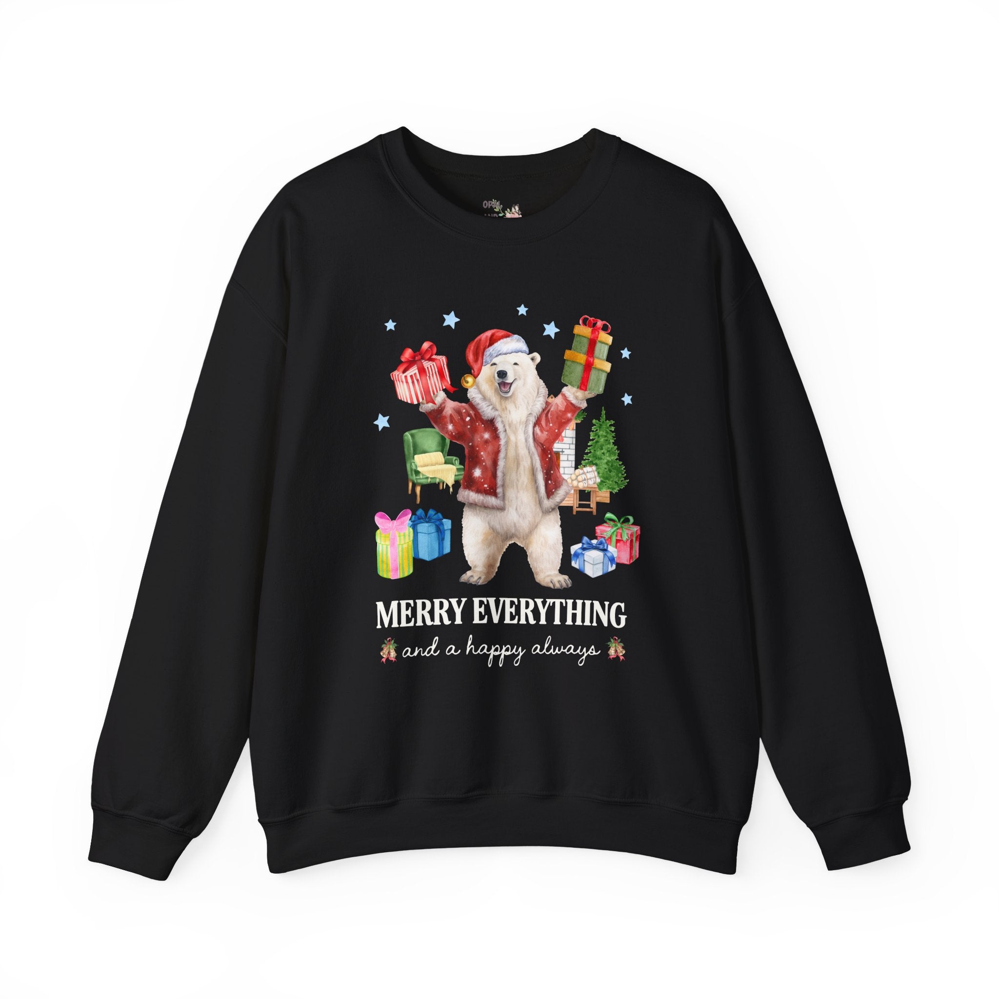 Kitschy Animal Lover Christmas Sweatshirt with Polar Bear Holding Presents: Merry Everything and a Happy Always, Silly Maximalist Xmas Crewneck