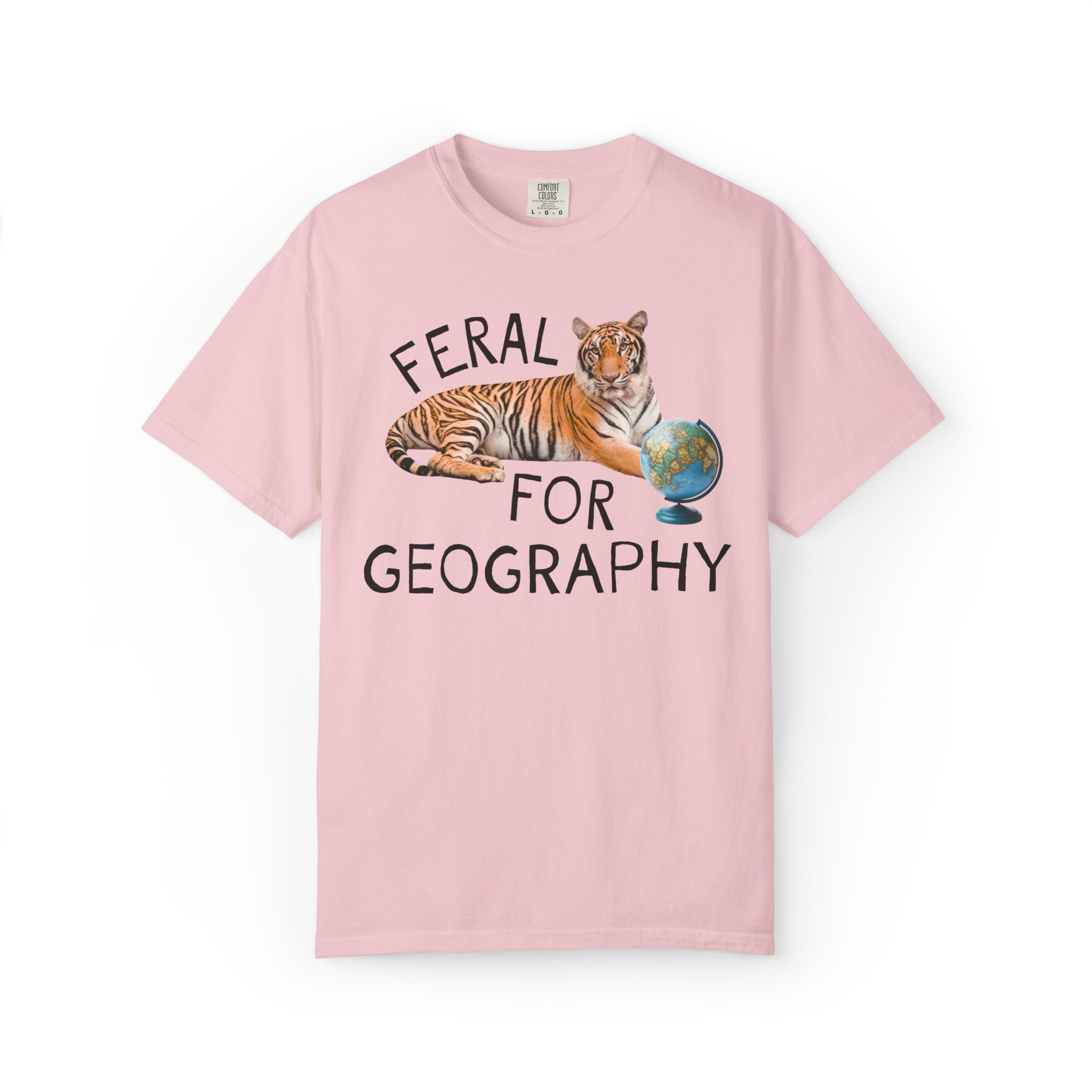 Geography Lover Tee for Middle School Teacher: Feral for Geography, Silly Animal Lover T-Shirt with Tiger Holding Books, Matching Teacher T