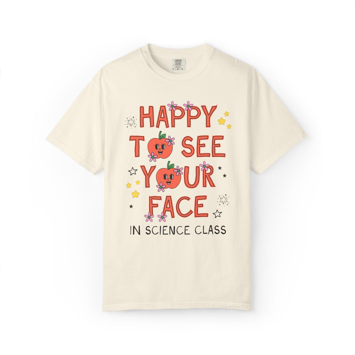 Science Teacher Team Tee Shirt: Happy to See Your Face | Cute Back to School T-Shirt with Retro Apples and Flowers, First Day of School