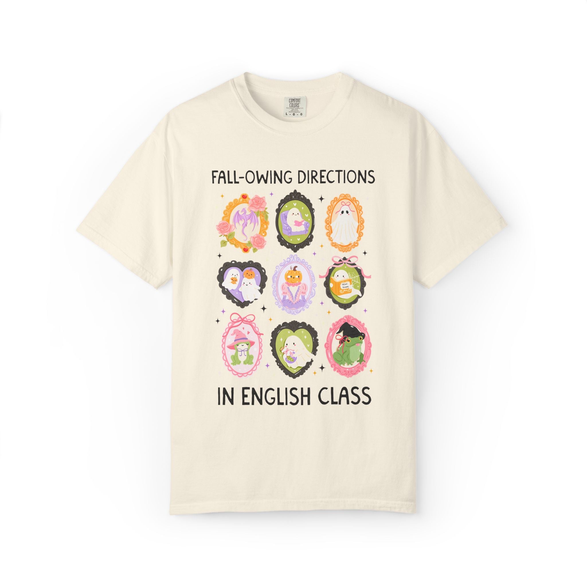 English Halloween Teacher Tee: Fall-Owing Directions Pastel Goth Teacher Team T-Shirt for Fall, Cute Spooky Season Frog Tee with Ghosts