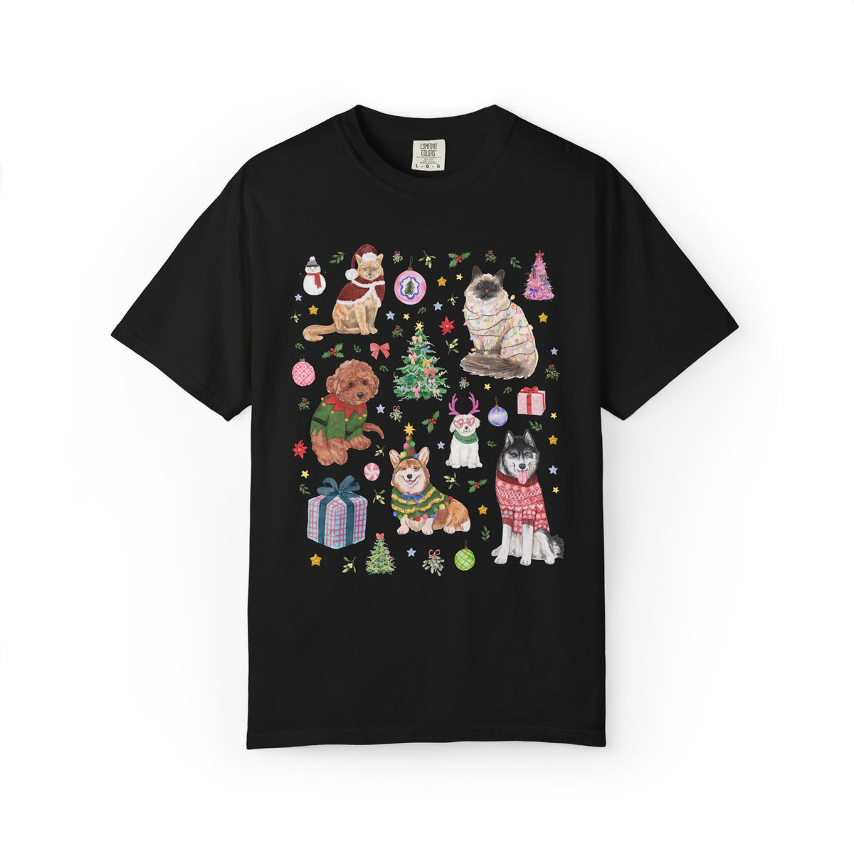 Maximalist Christmas Tee Shirt for Animal Lover with Kittens and Cats and Dogs, Funny Nostalgic Xmas Holiday T-Shirt, Cute Kitschy Vibe