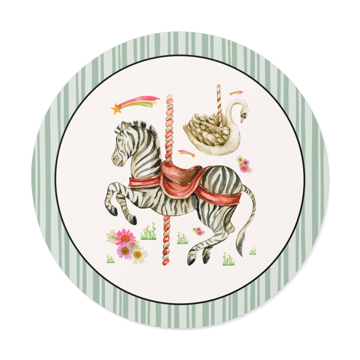 Zebra and Swan Nostalgic Carousal Circus Lover Sticker for Animal Lover with Shooting Stars and Flowers