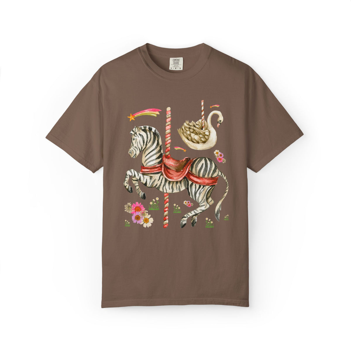 Zebra and Swan Nostalgic Carousal T-Shirt for Animal Lover with Shooting Stars and Flowers