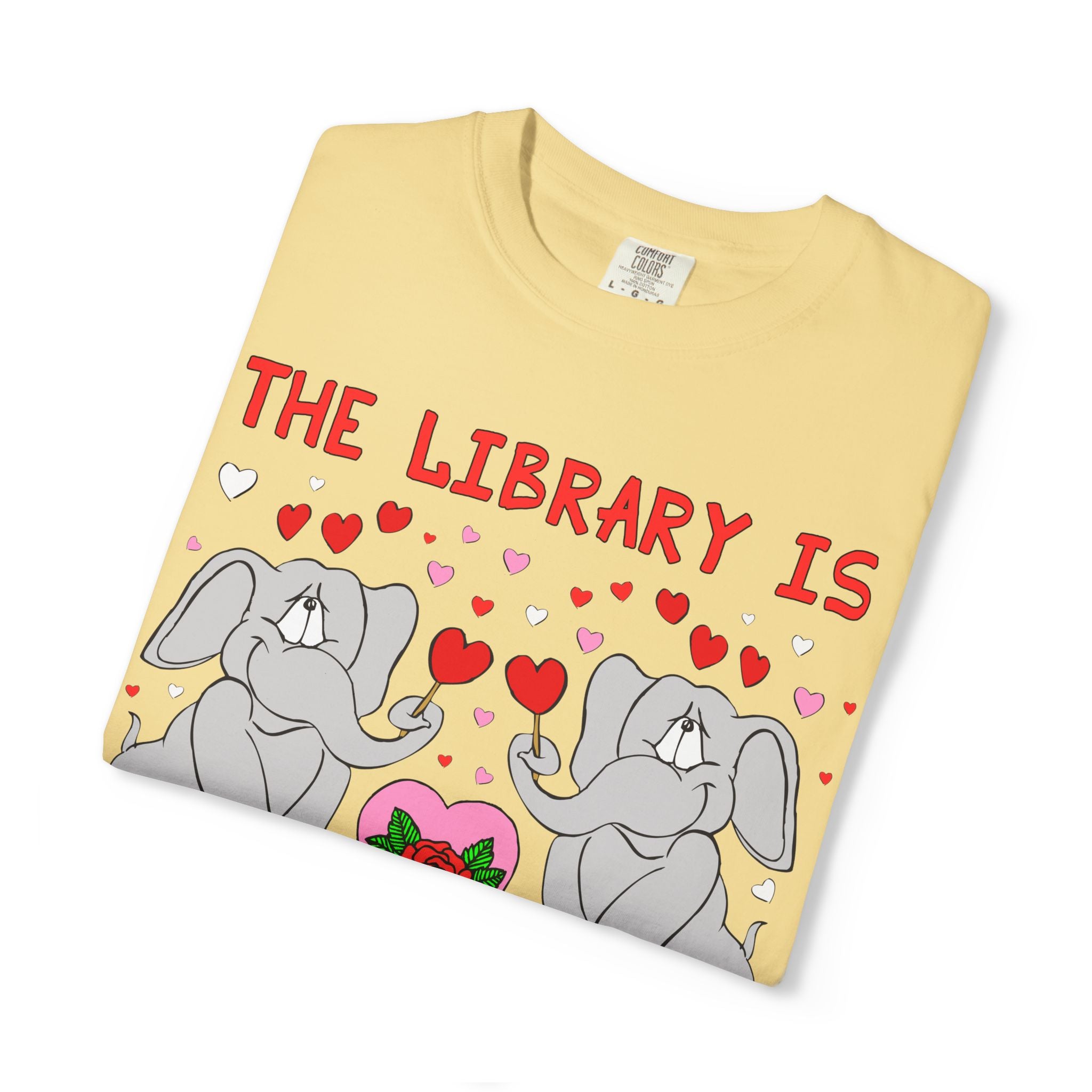 The Library is Ear-Resistible! Valentine's Day Teacher Tee: Funny Animal Lover T-Shirt with Elephant and Hearts, Cute Matching Teacher Tee