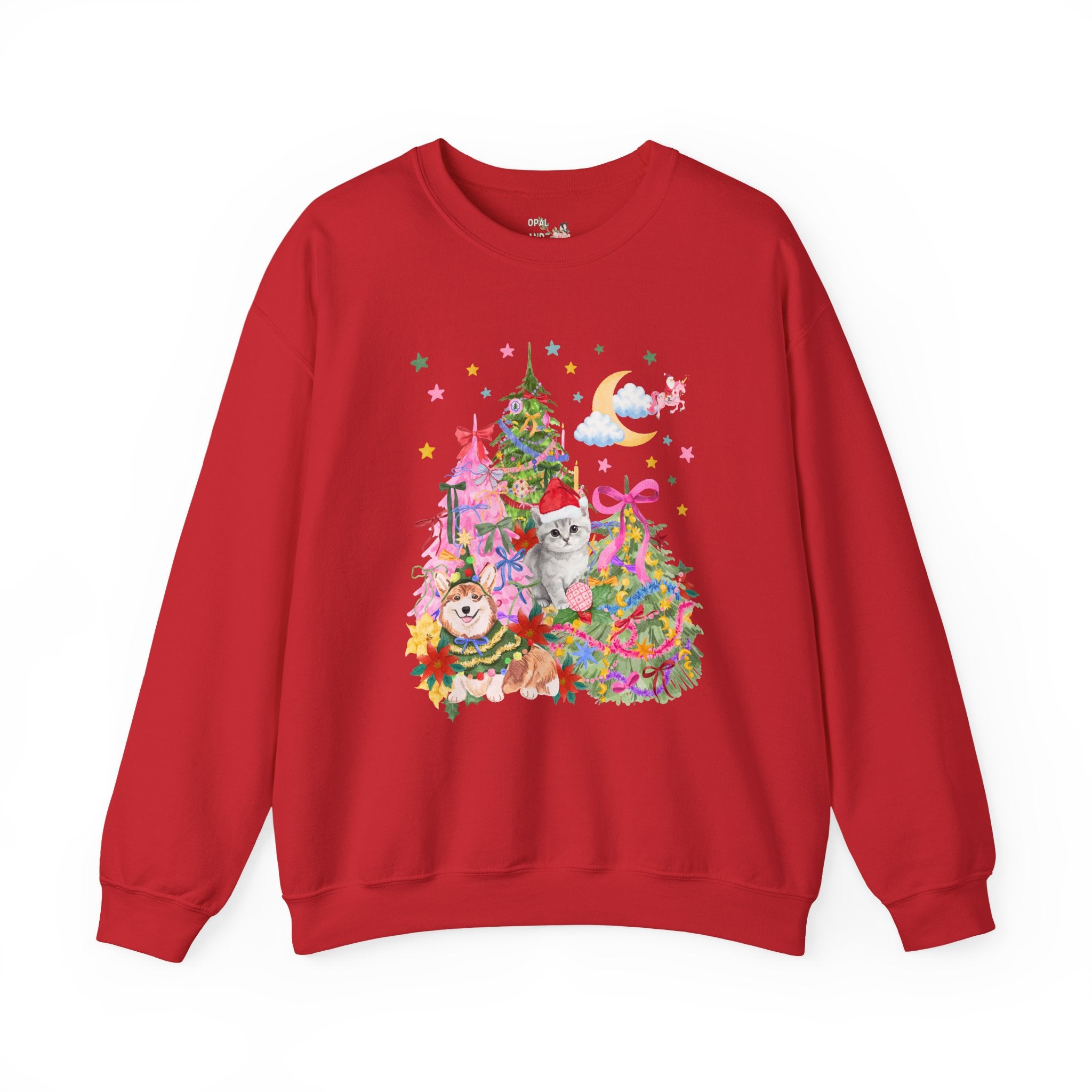 Kitschy Christmas Sweatshirt with with Corgi and Kitten: Funny Nostalgic 90s Aesthetic Xmas Crewneck for Animal Lover, Eclectic Holiday Shirt with Stars