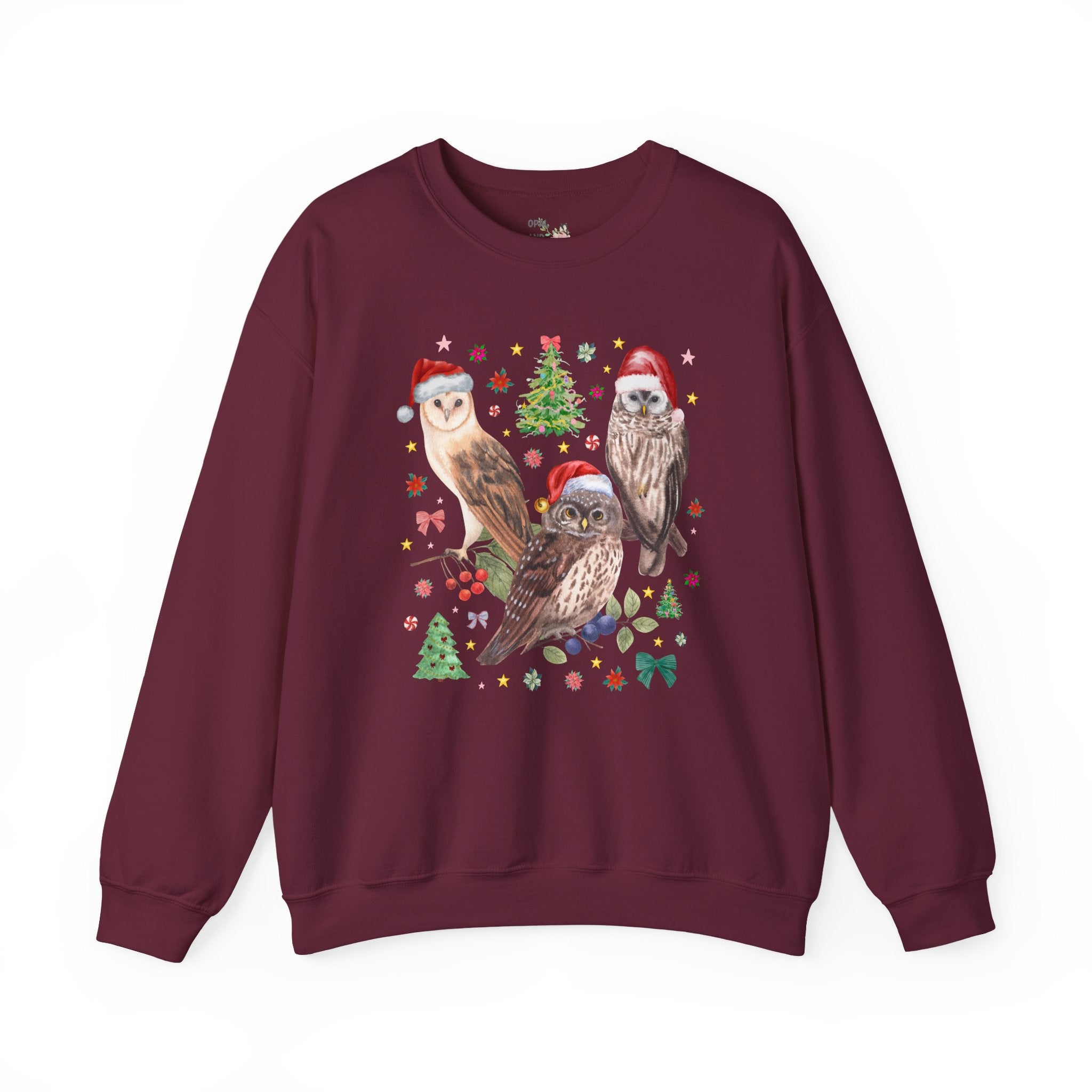 Christmas Owl Animal Lover Sweatshirt with Owls Wearing Santa Hats, Funny Nostalgic 90s Aesthetic Maximalist Crewneck, Bird Lover or Birdwatcher