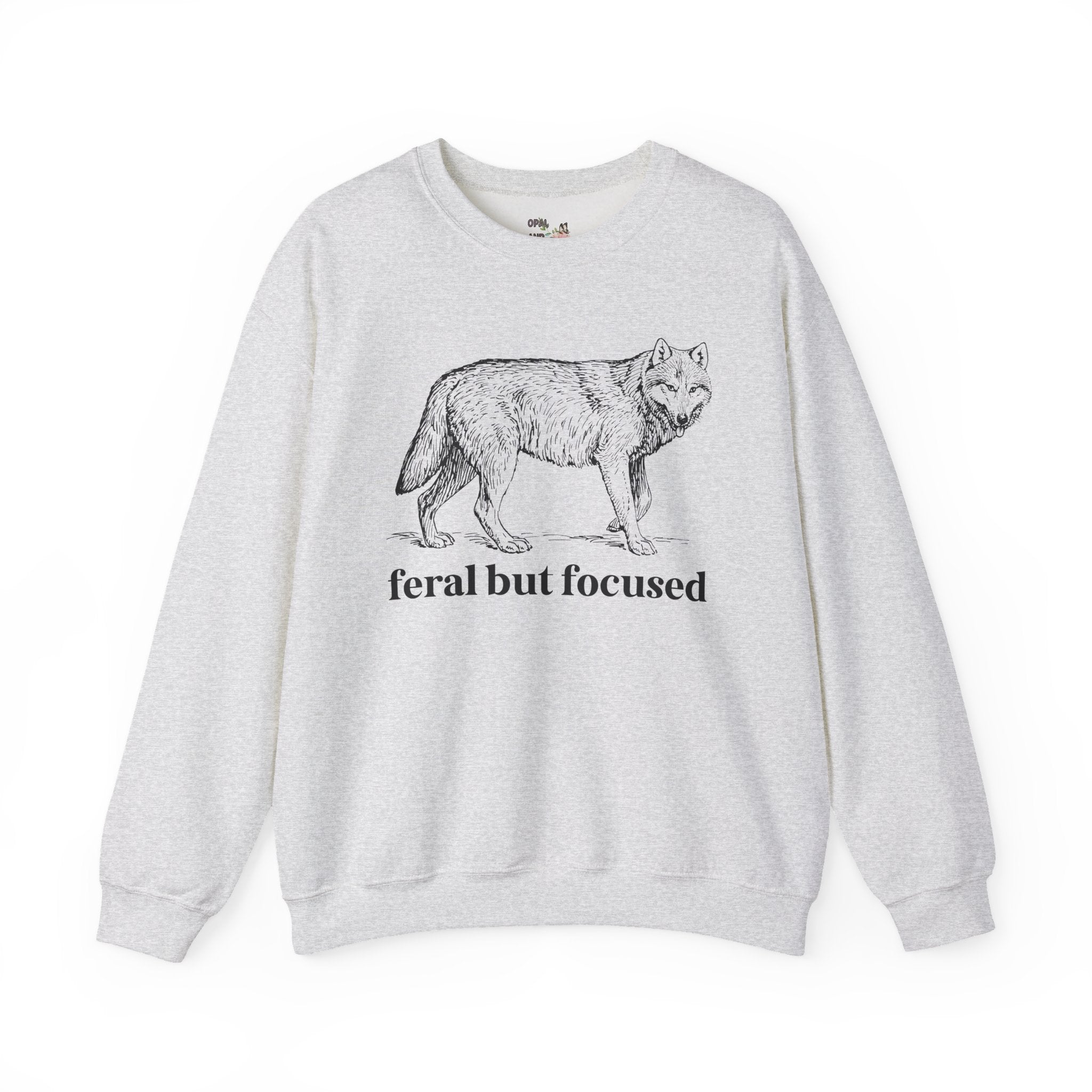 Silly Animal Lover Sweatshirt with Illustration of Wolf: Feral But Focused, Funny Goblincore Crewneck, Biology Major Present, Cute Birthday Gift