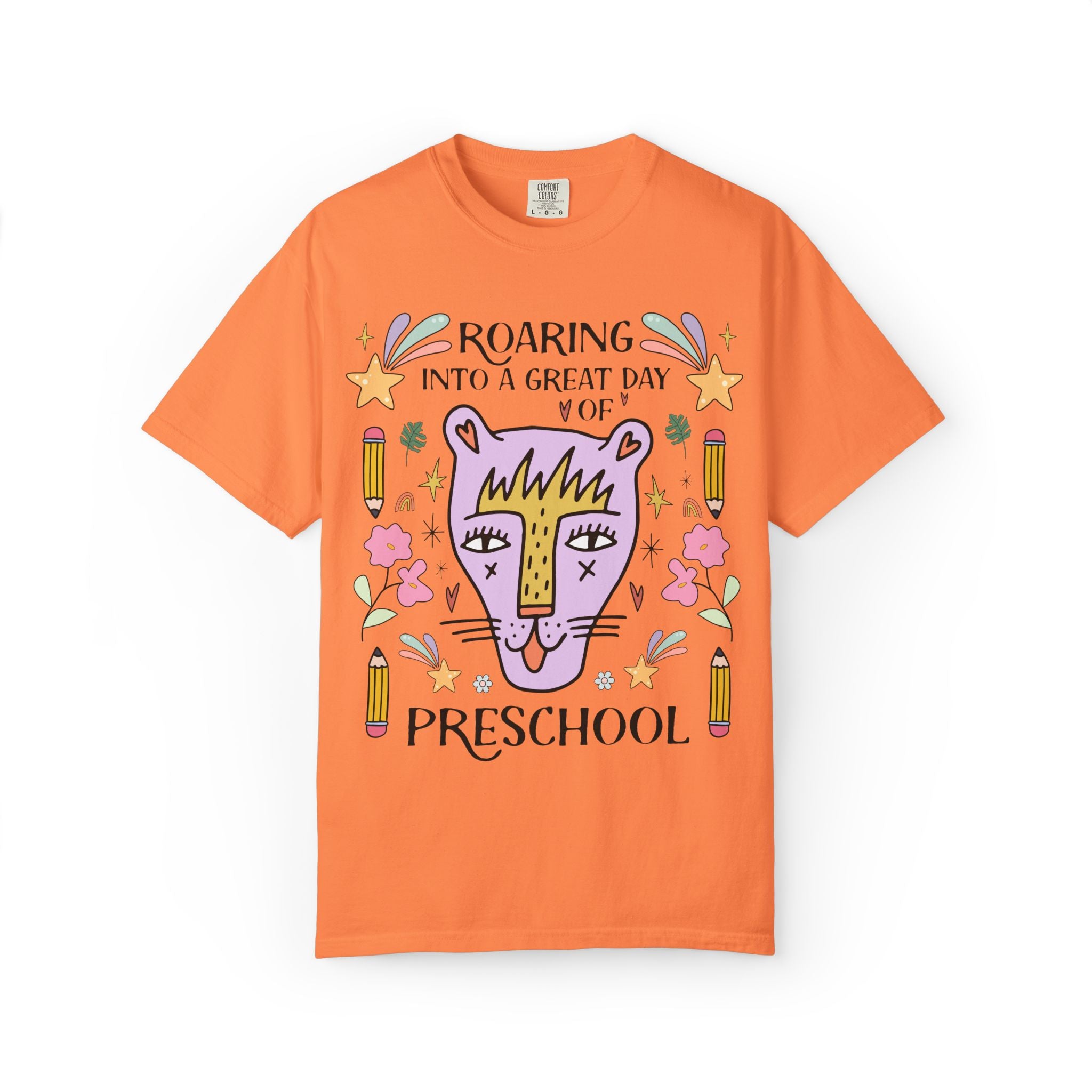Preschool Teacher Tee Shirt: Roaring Into a Great Day of Preschool | Cute Matching Teacher or School Office Staff Tee with Pencils