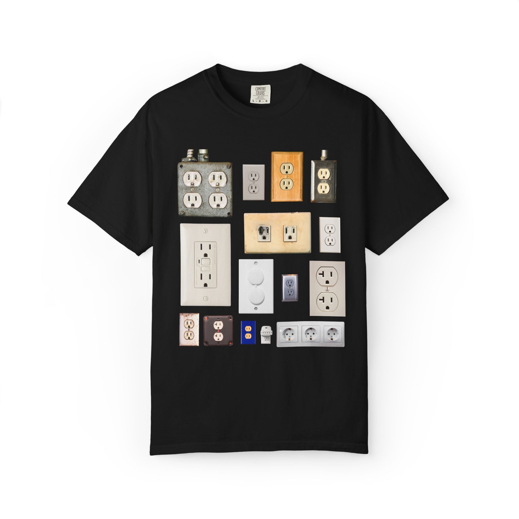 Electrical Science or Electric Technician Tee Shirt with Electrical Outlets: Funny Electrostatics Electricity Gift for Science Teacher