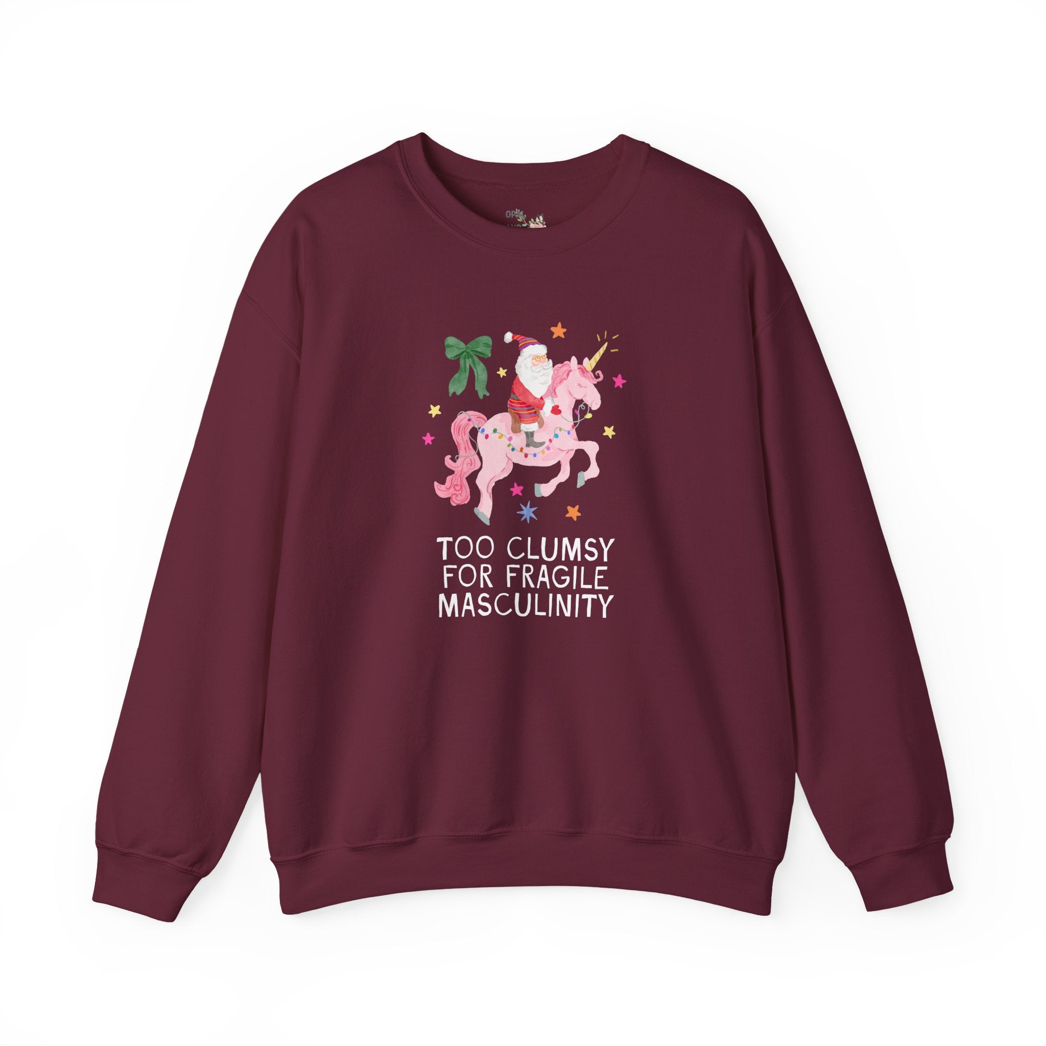 Feminist Santa Sweatshirt with Unicorn: Too Clumsy for Fragile Masculinity Maximalist Christmas Crewneck with Nostalgic Vibe, Women's Rights