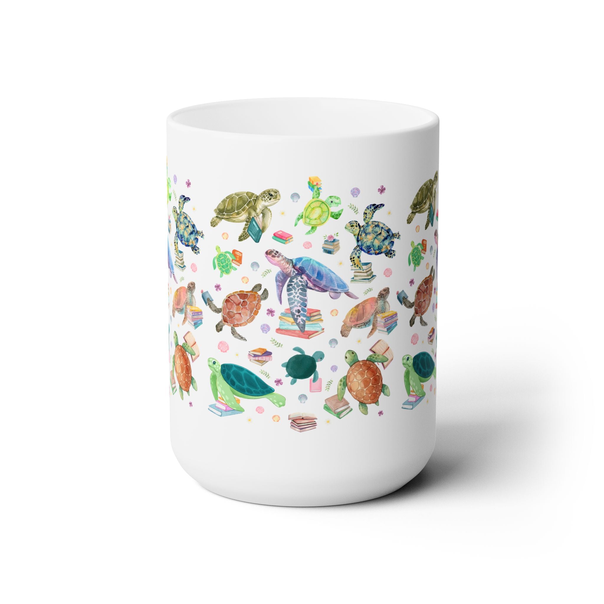 Bookish Turtle Mug for School Librarian or Reading Teacher: Silly Ocean Animal Lover Mug with Flowers and Books, Reading Month Gift