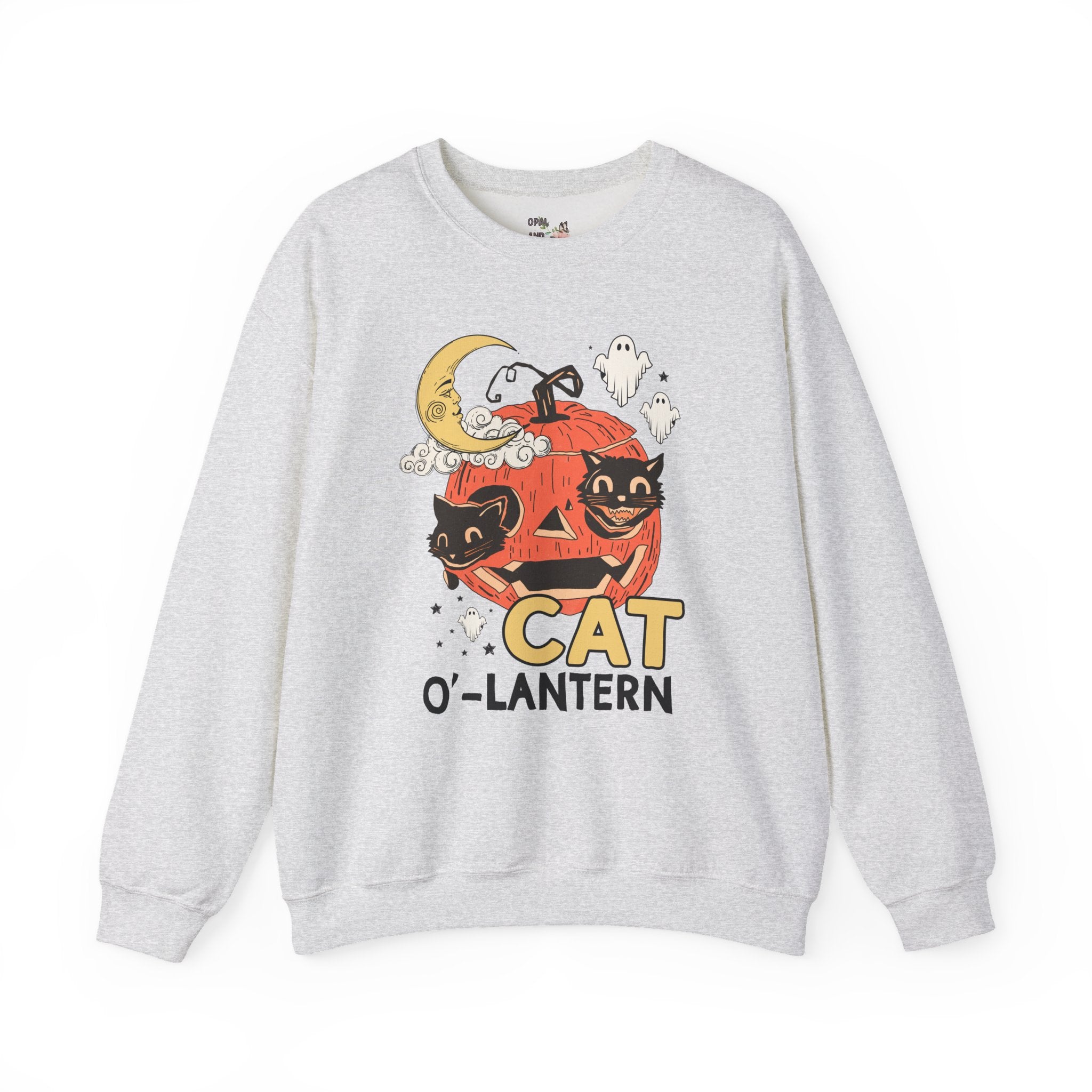 Halloween Cat Lover Sweatshirt with Pumpkin and Ghosts: Nostalgic Halloween Crewneck for Cat Mom or Cat Dad, Silly Cat Lover Halloween Shirt