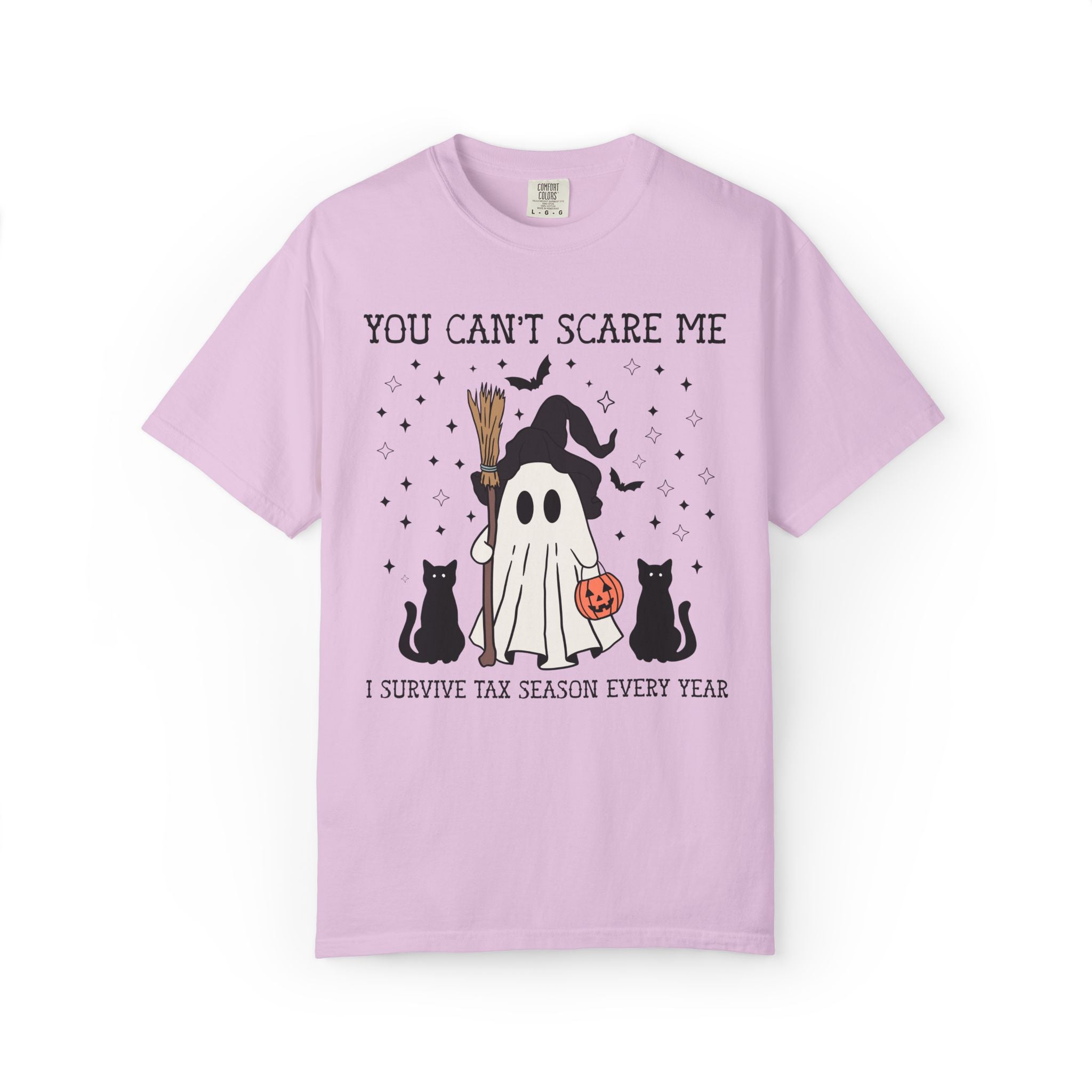 Accountant Halloween Tee Shirt for Spooky Season with Ghost and Black Cats: You Can't Scare Me, I Survive Tax Season Every Year