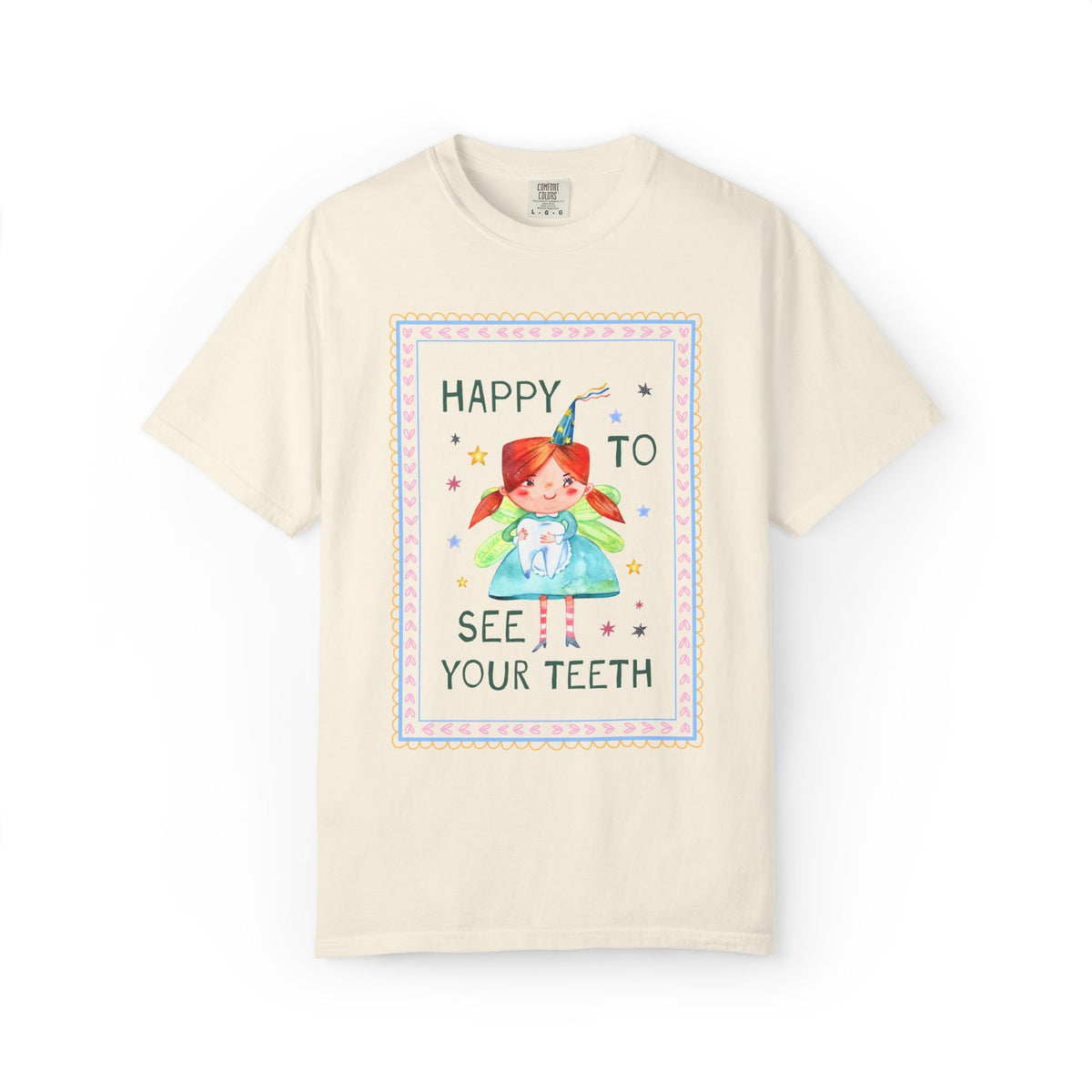 Happy to See Your Teeth: Funny Dentist or Dental Assistant T-Shirt with Tooth Fairy Holding a Tooth, Silly New Dentist Tee with Stars