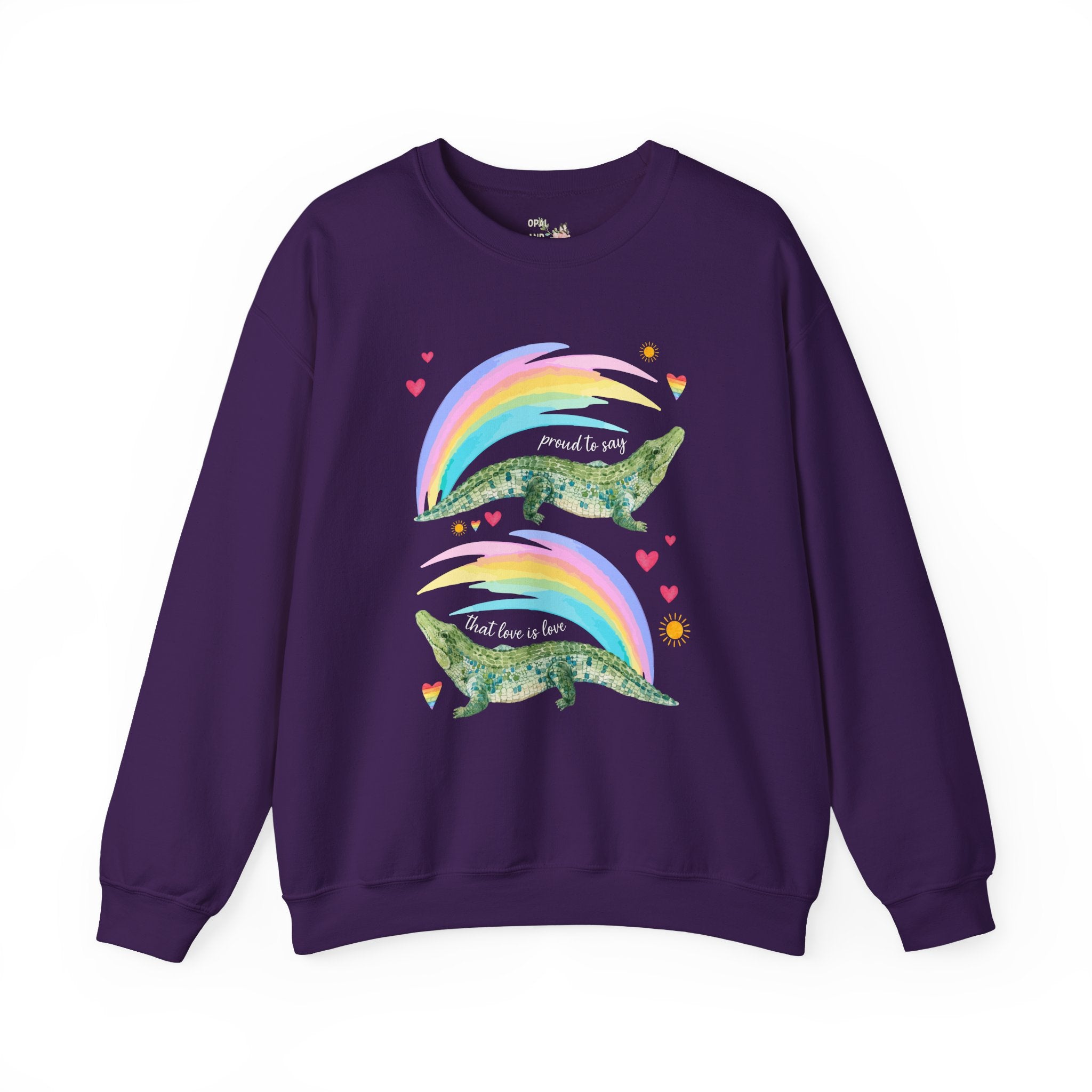 Proud to Say that Love is Love: Colorful Alligator Sweatshirt with Rainbow and Hearts, Gay Rights Nostalgic Animal Lover Crewneck for Pride Month