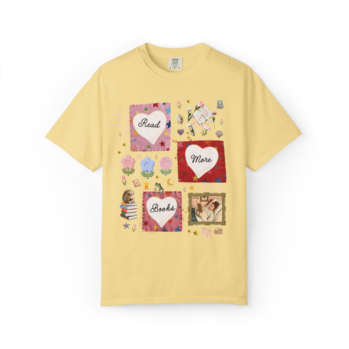 Read More Books Maximalist Collage T-Shirt with Hearts and Flowers, Whimsy Kitschy Soft Girl Style Tee Shirt for Book Lover or Bookworm