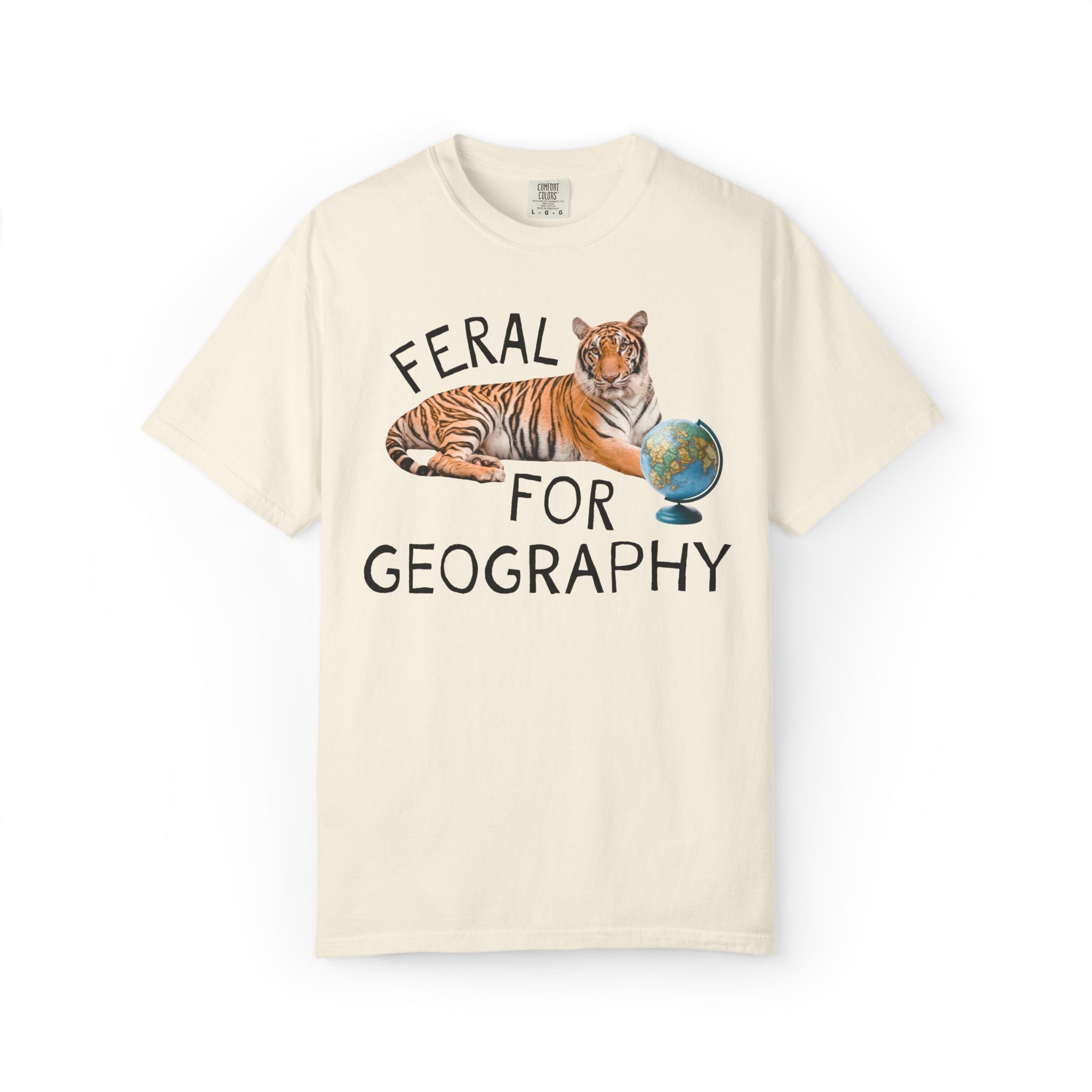 Geography Lover Tee for Middle School Teacher: Feral for Geography, Silly Animal Lover T-Shirt with Tiger Holding Books, Matching Teacher T