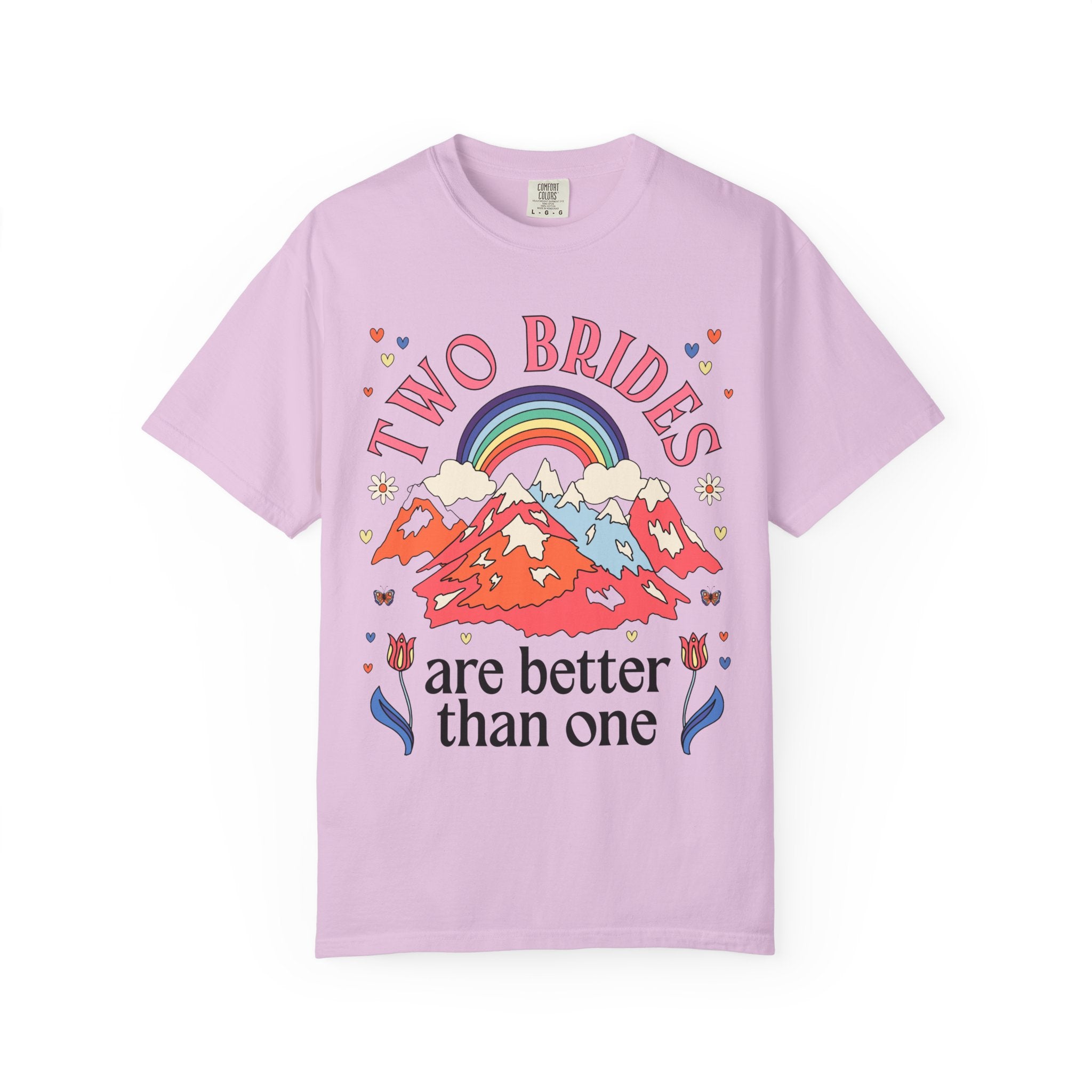 Lesbian Bachelorette Tee Shirt for LGBTQ Wedding Party: Two Brides are Better Than One Nostalgic 70s Aesthetic Rainbow Tee for Bridesmaids