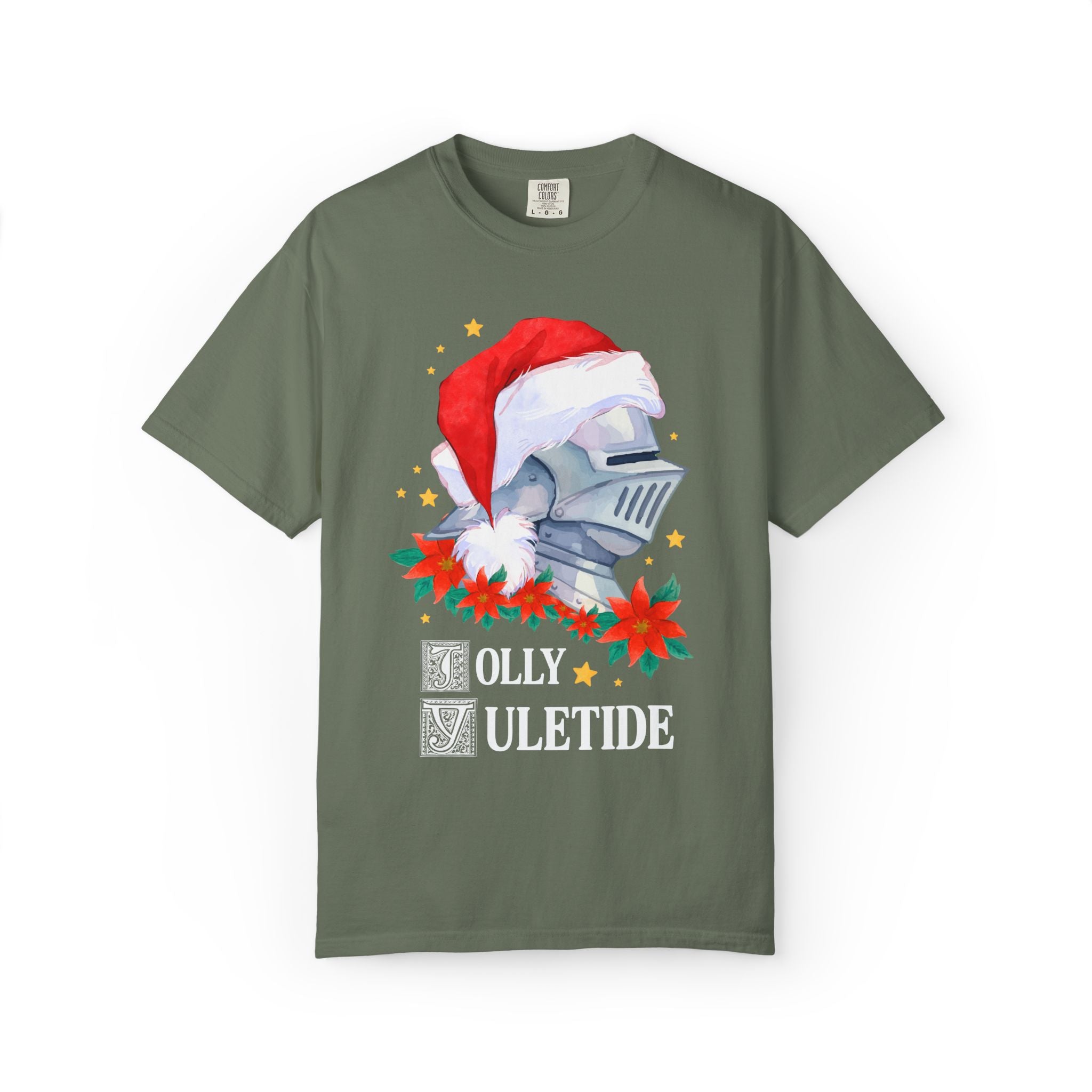Medieval Christmas Tee Shirt with Knight Wearing a Santa Hat: Jolly Yuletide Silly History Lover T-Shirt, Funny Middle Ages Holiday T-Shirt