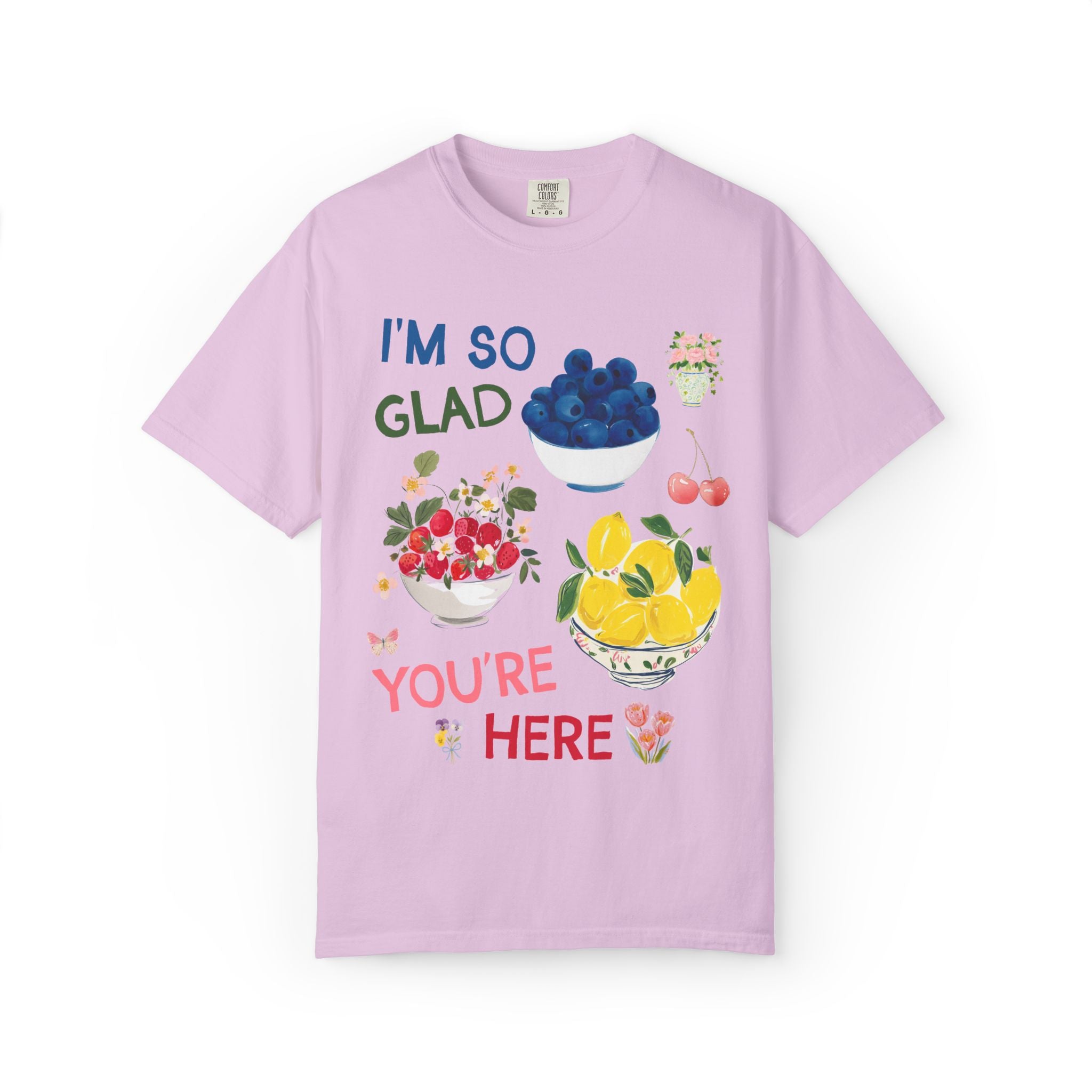 I'm So Glad You're Here Back to School Teacher T-Shirt with Strawberries Lemons and Blueberry Fruit, Whimsical Teacher Tee for First Day