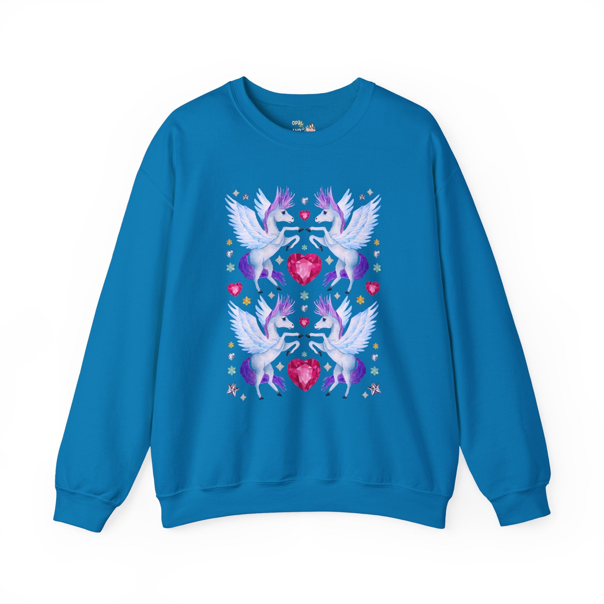 Horse Lover Nostalgic Blue and Purple Pegasus Sweatshirt with Hearts: Cute and Silly Y2K Aesthetic Animal Lover Crewneck for Fantasy Reader Bookworm
