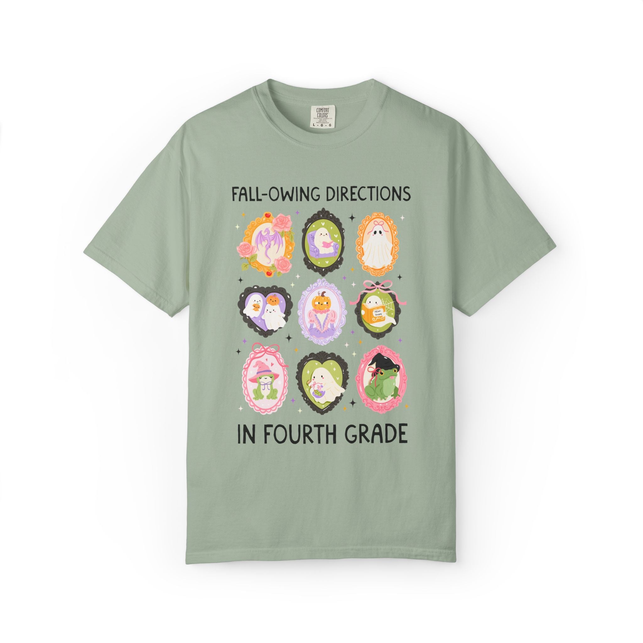 Fourth Grade Halloween Teacher Tee: Fall-Owing Directions Pastel Goth Teacher Team T-Shirt for Fall, Cute Spooky Season Frog Tee with Ghosts