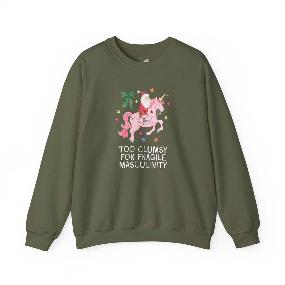 Feminist Santa Sweatshirt with Unicorn: Too Clumsy for Fragile Masculinity Maximalist Christmas Crewneck with Nostalgic Vibe, Women's Rights
