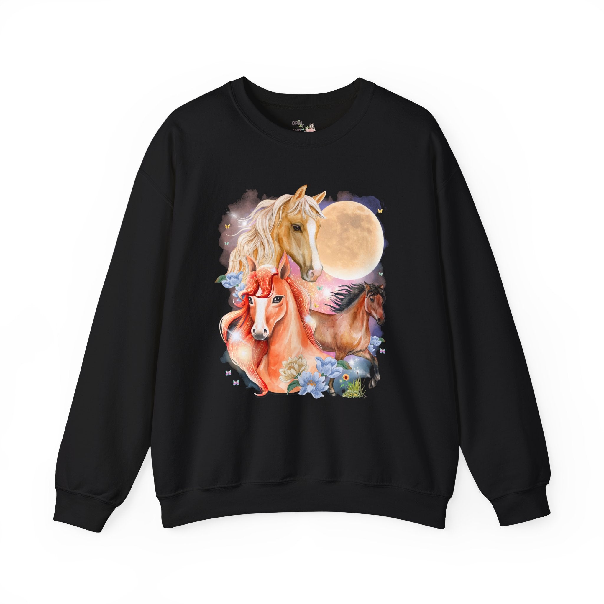 Horse Animal Lover Sweatshirt with Butterflies and Flowers: Retro Goblincore Crewneck with Moon, Silly 90s Throwback Equestrian Shirt, Horse Lover