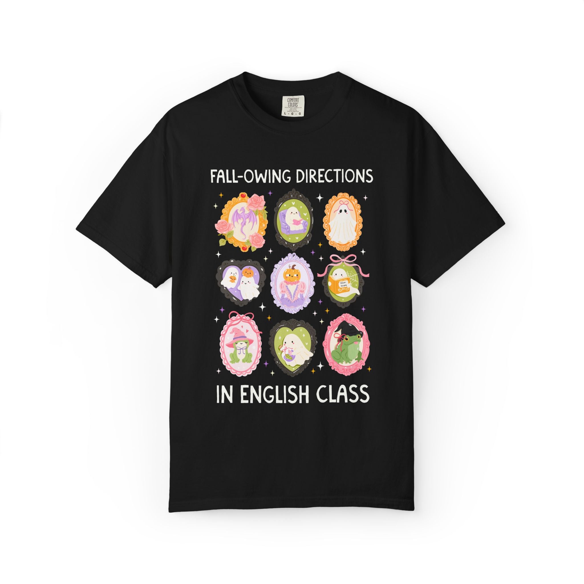 English Halloween Teacher Tee: Fall-Owing Directions Pastel Goth Teacher Team T-Shirt for Fall, Cute Spooky Season Frog Tee with Ghosts