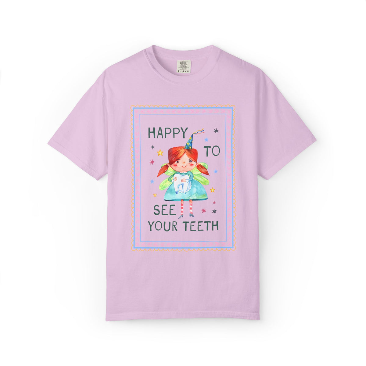 Happy to See Your Teeth: Funny Dentist or Dental Assistant T-Shirt with Tooth Fairy Holding a Tooth, Silly New Dentist Tee with Stars