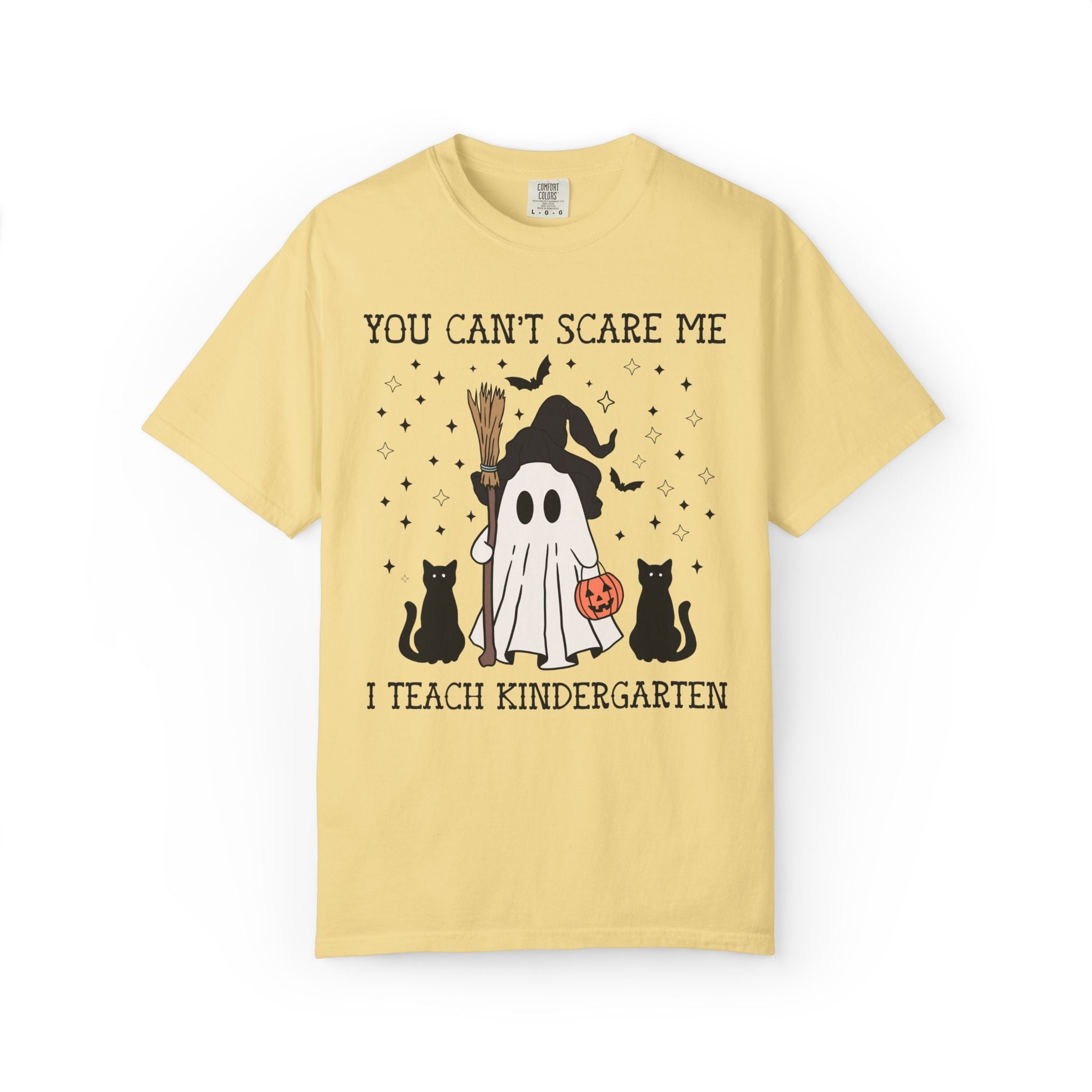 Kindergarten Teacher Halloween Tee Shirt with Witchy Ghost and Black Cats for Spooky Season: You Can't Scare Me, Kindergarten Team T-Shirt