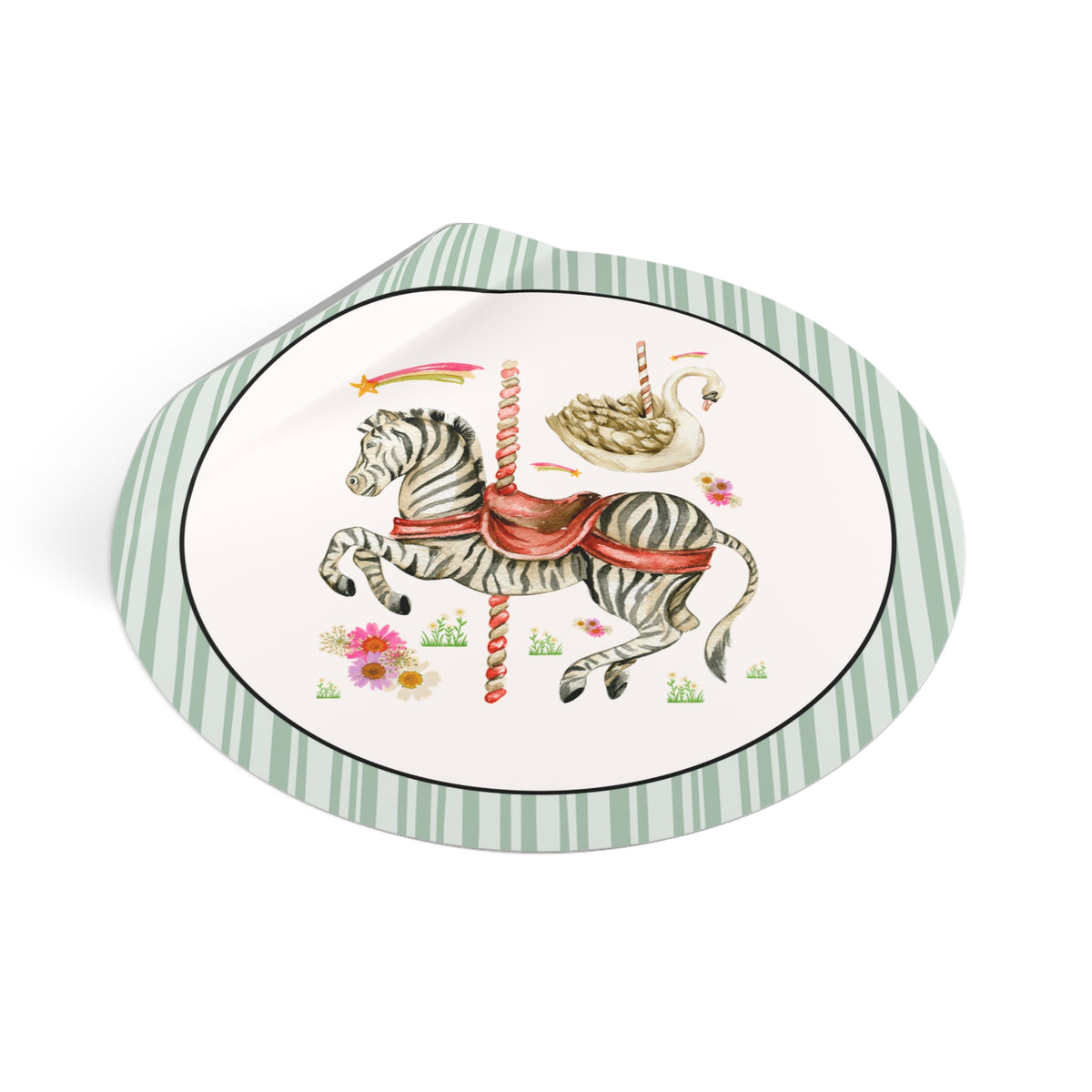 Zebra and Swan Nostalgic Carousal Circus Lover Sticker for Animal Lover with Shooting Stars and Flowers