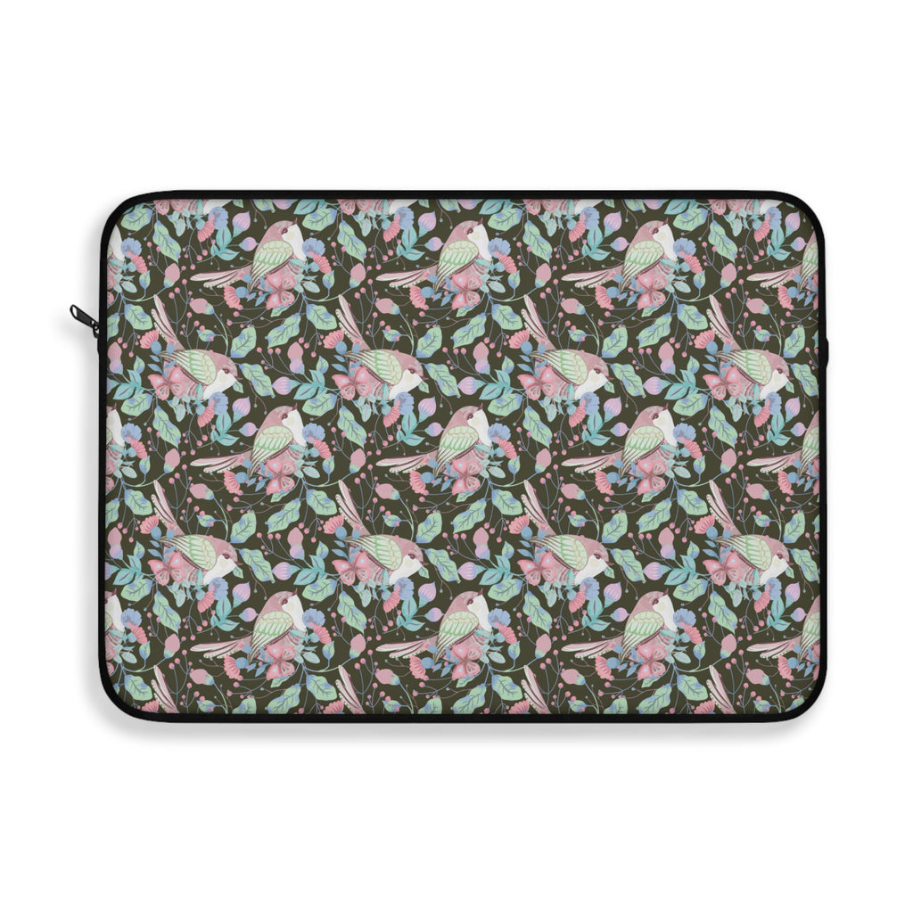 Whimsigoth Laptop Sleeve with Academia Vibes: Colorful Pastel Birds on Dark Background