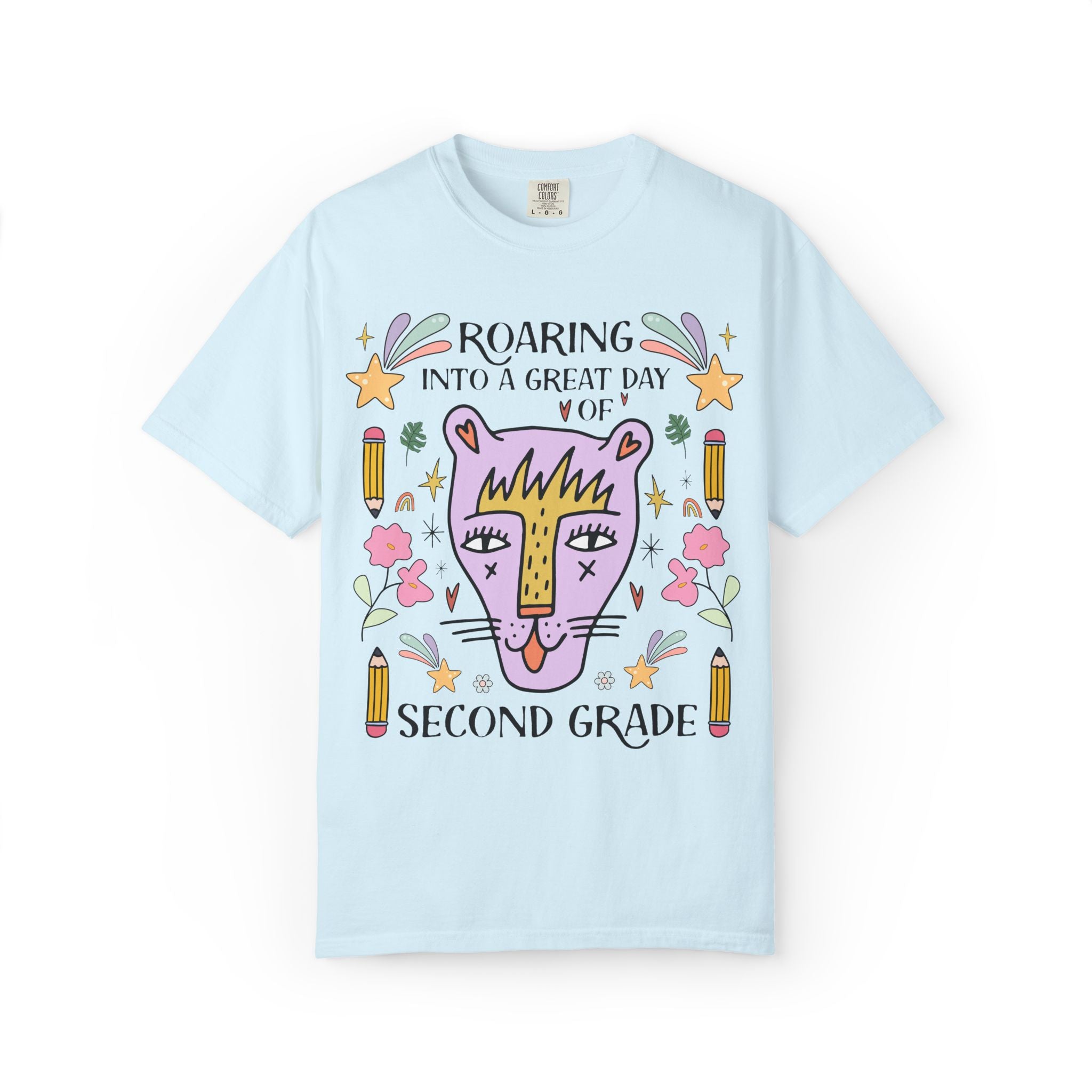Second Grade Teacher Tee Shirt: Roaring Into a Great Day of 2nd Grade | Cute Eclectic Matching Teacher or Paraprofessional Tee, Animal Lover