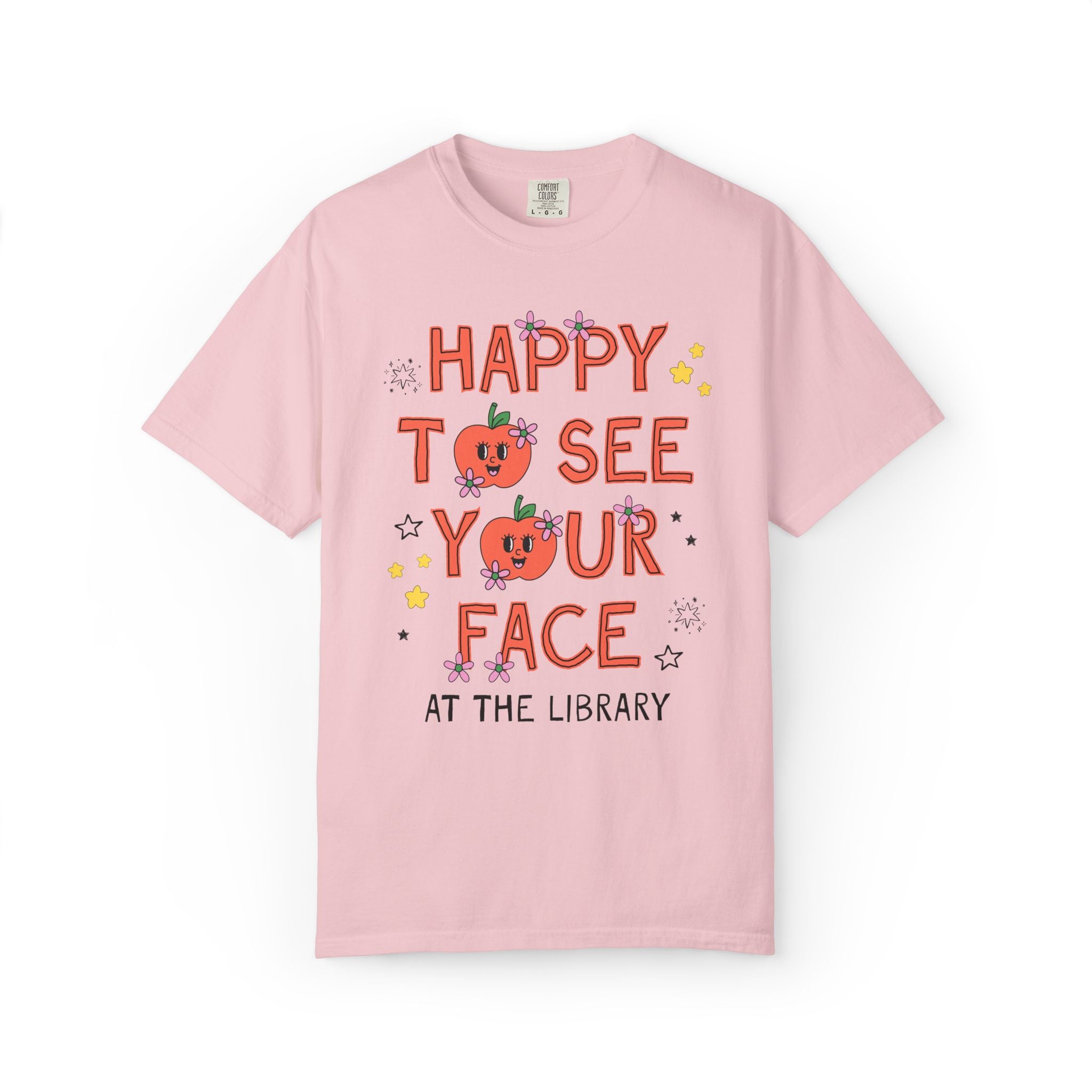 School Library Team Tee Shirt: Happy to See Your Face | Cute Back to School T-Shirt with Retro Apples and Flowers, First Day of School