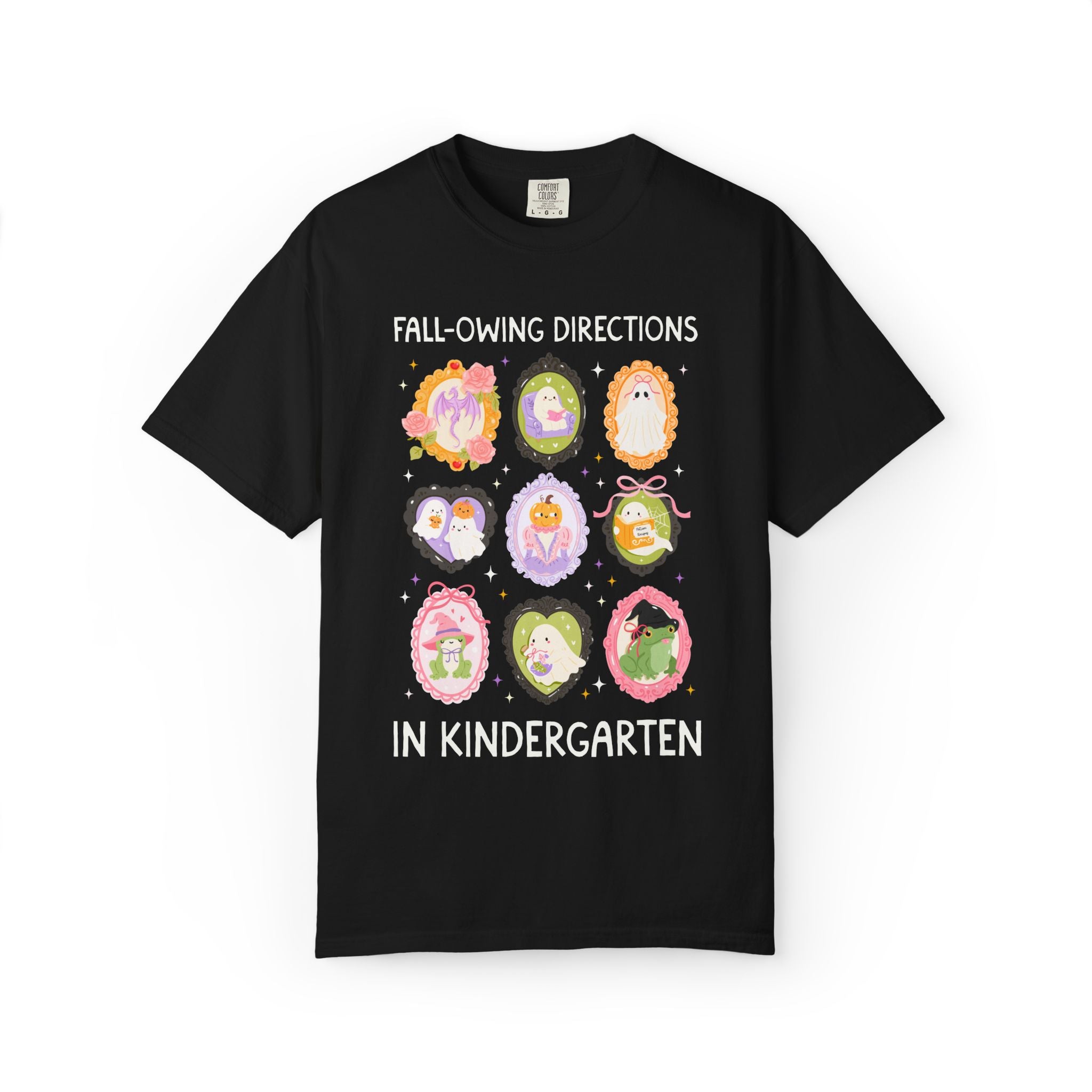 Kindergarten Halloween Teacher Tee: Fall-Owing Directions Pastel Goth Teacher Team T-Shirt for Fall, Cute Spooky Season Frog Tee with Ghosts