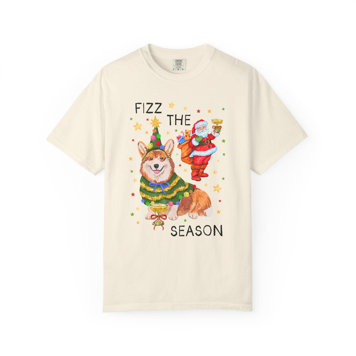 Fizz the Season: Funny Santa and Corgi Christmas T-Shirt with Stars, Cute Holiday Drinking Tee Shirt for Friend Group or Family