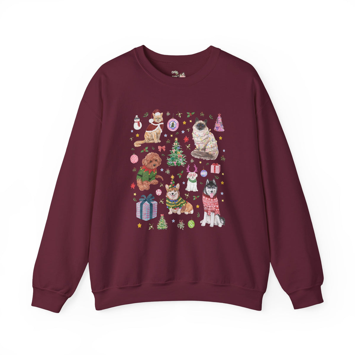 Maximalist Christmas Sweatshirt for Animal Lover with Kittens and Cats and Dogs, Funny Nostalgic Xmas Holiday Crewneck, Cute Kitschy Vibe