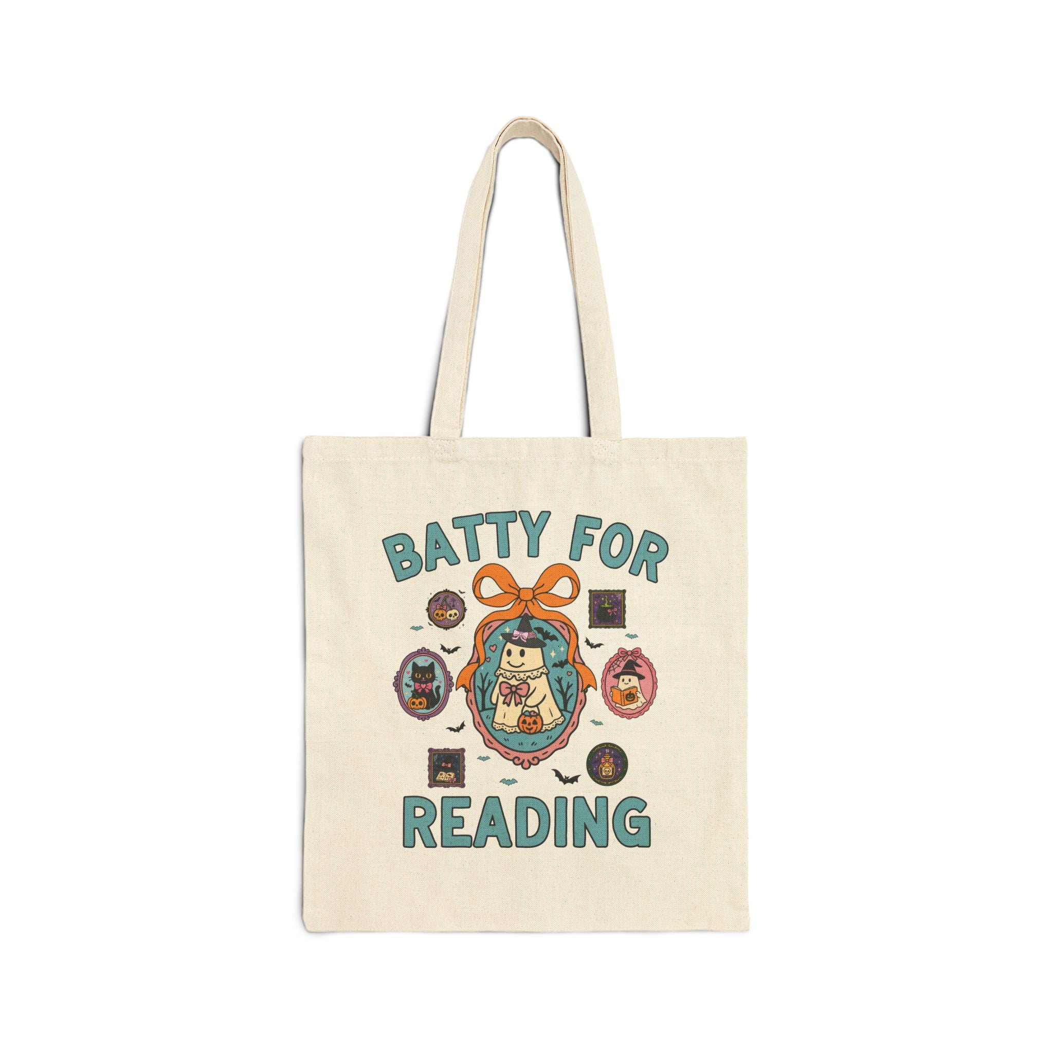 Book Lover Batty for Reading Tote Bag with Cute Witchy Ghosts: Colorful Nostalgic Halloween Lover Tote for Librarian or Romance Reader