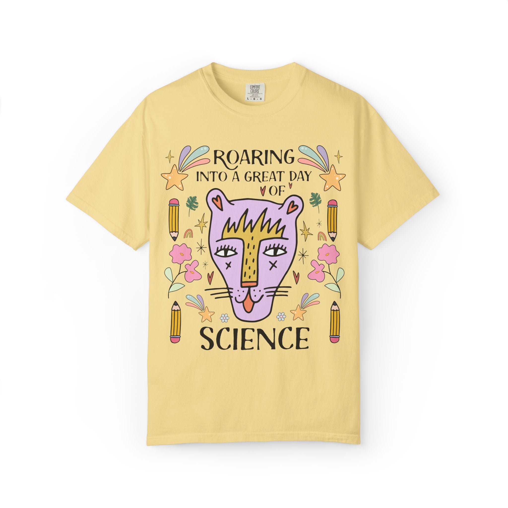 High School Science Teacher Tee: Roaring Into a Great Day of Reading | Cute Matching Teacher or School Office Staff Tee, Pencils and Flowers
