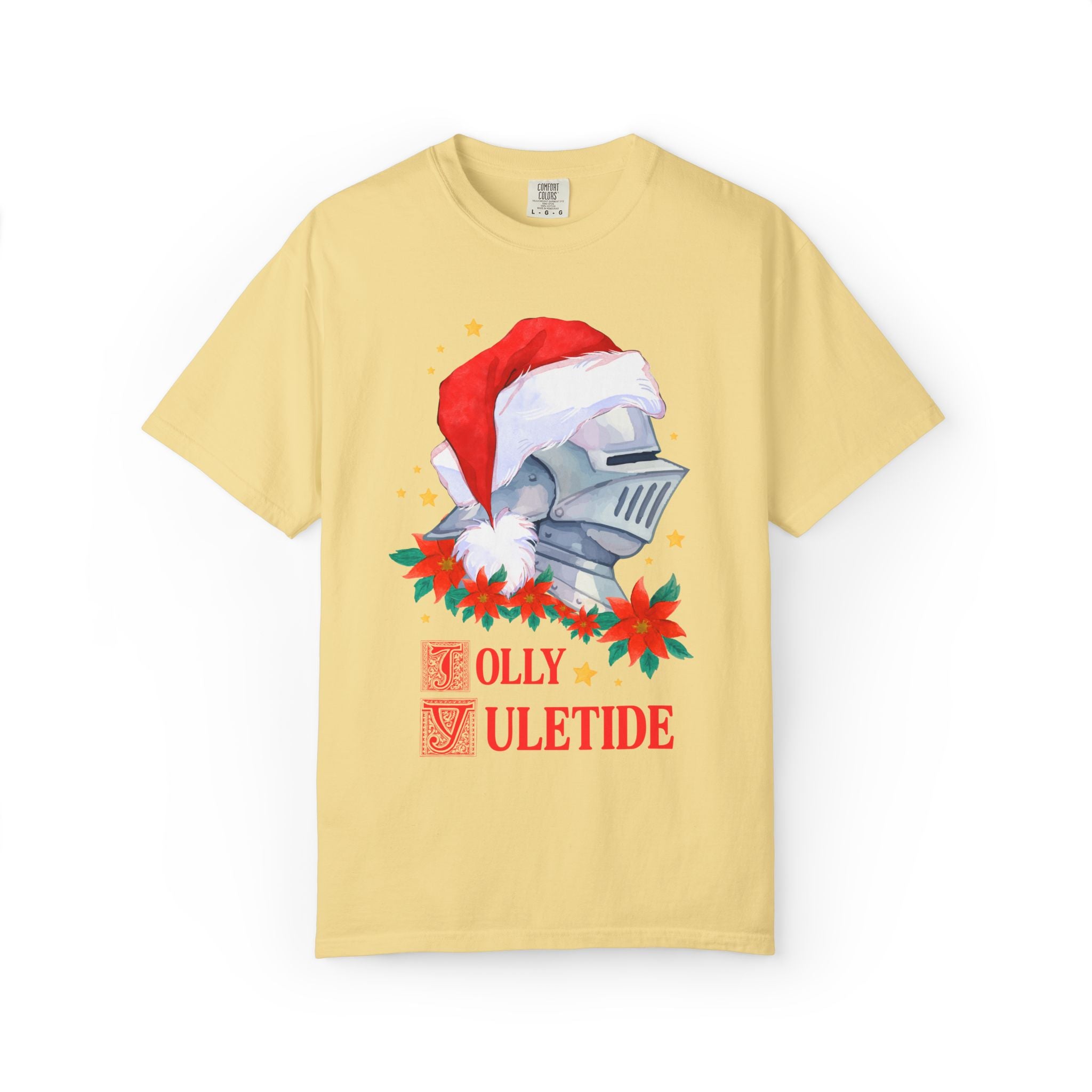 Medieval Christmas Tee Shirt with Knight Wearing a Santa Hat: Jolly Yuletide Silly History Lover T-Shirt, Funny Middle Ages Holiday T-Shirt