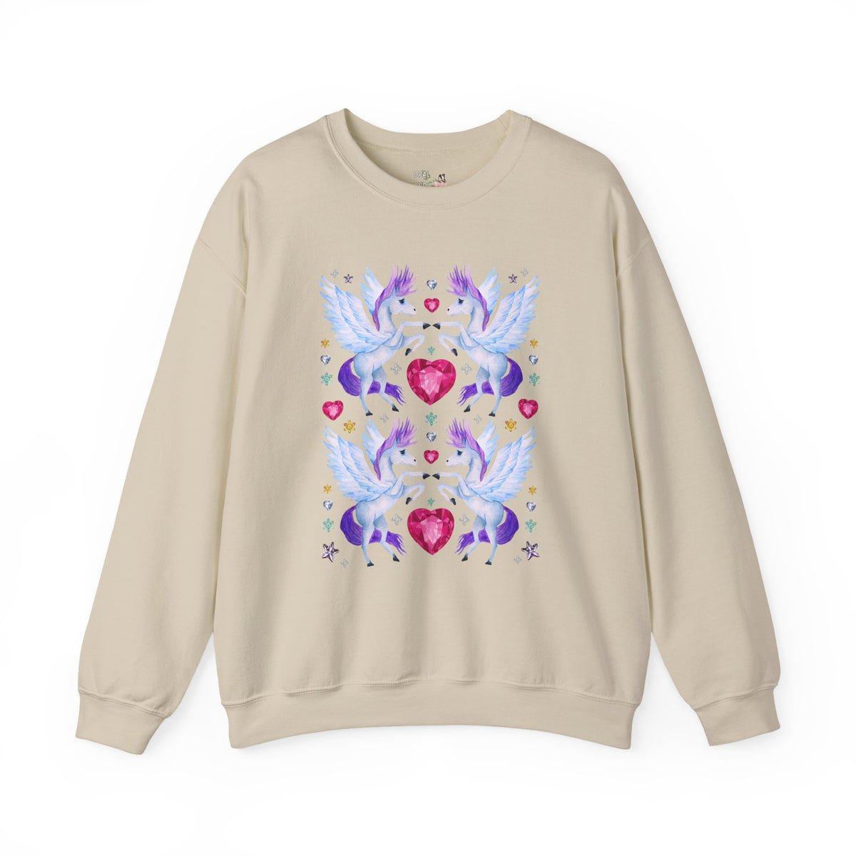 Horse Lover Nostalgic Blue and Purple Pegasus Sweatshirt with Hearts: Cute and Silly Y2K Aesthetic Animal Lover Crewneck for Fantasy Reader Bookworm