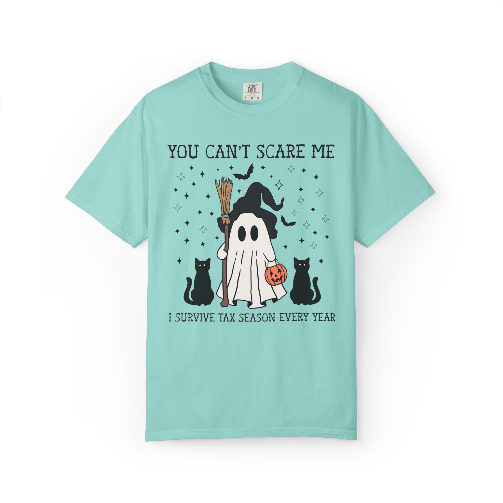 Accountant Halloween Tee Shirt for Spooky Season with Ghost and Black Cats: You Can't Scare Me, I Survive Tax Season Every Year