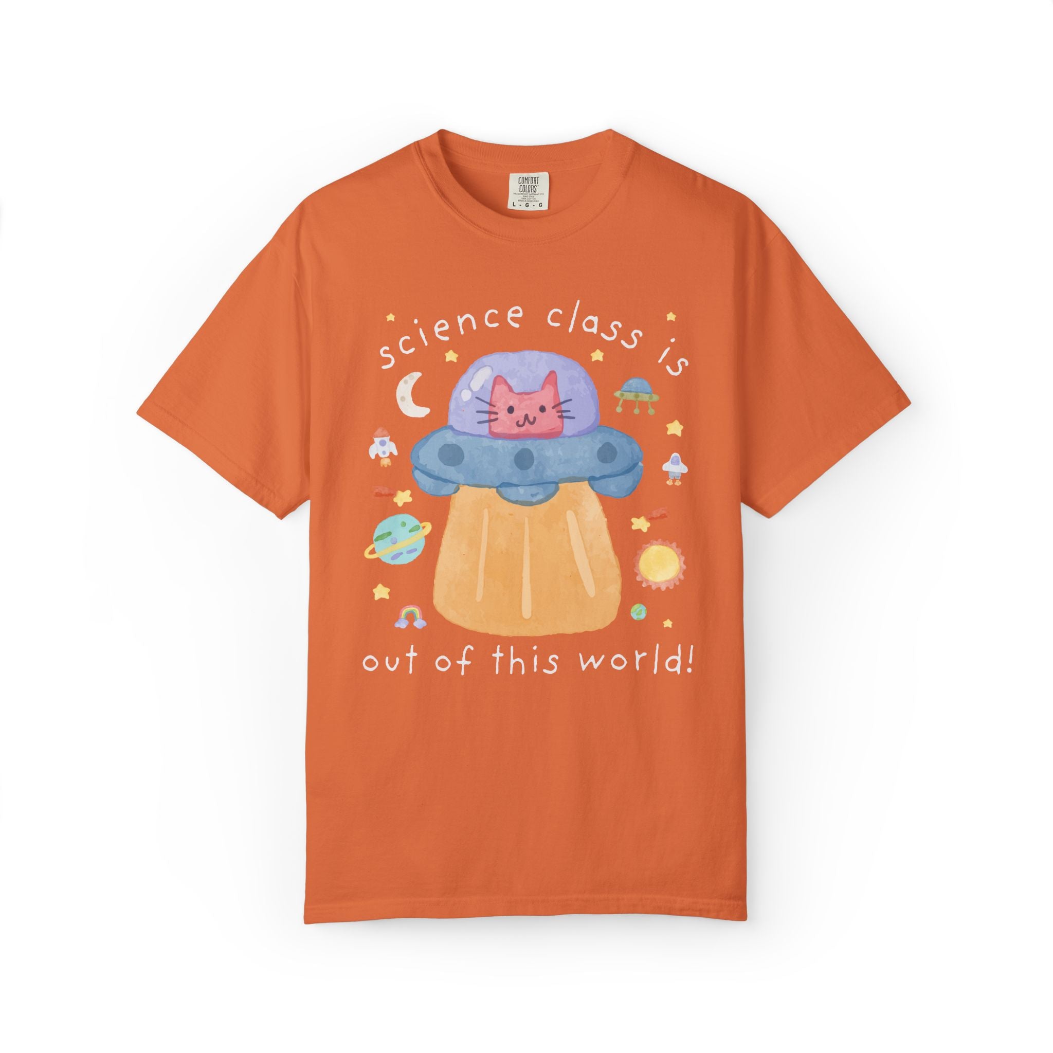 Matching Cat Mom Teacher Tee Shirt with Kitten in a UFO: Learning is Out of this World 90s Throwback Tee for Grade Level, Science Teacher