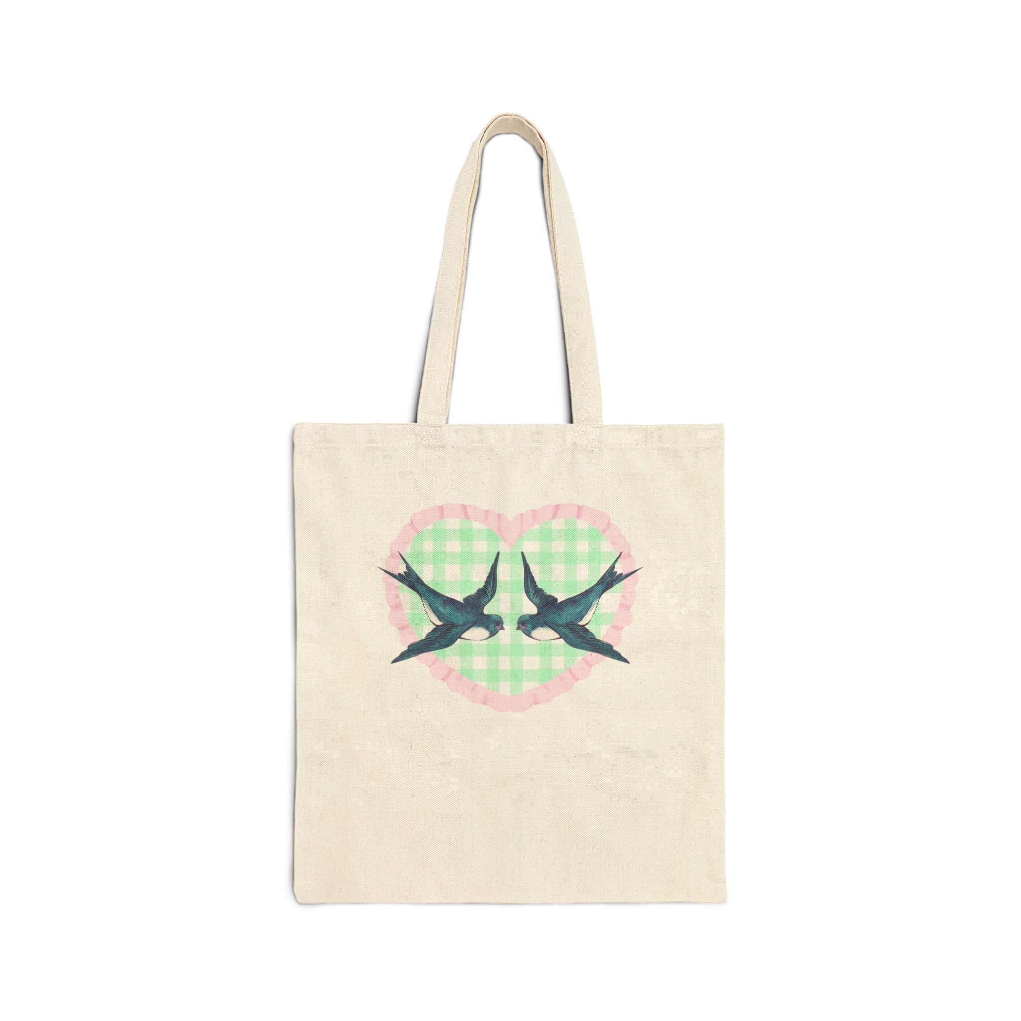 Two Bird and Gingham Heart Tote Bag for Friend Who Loves Birds: Cute Birdwatcher Gift for Animal Lover or Bird Scientist